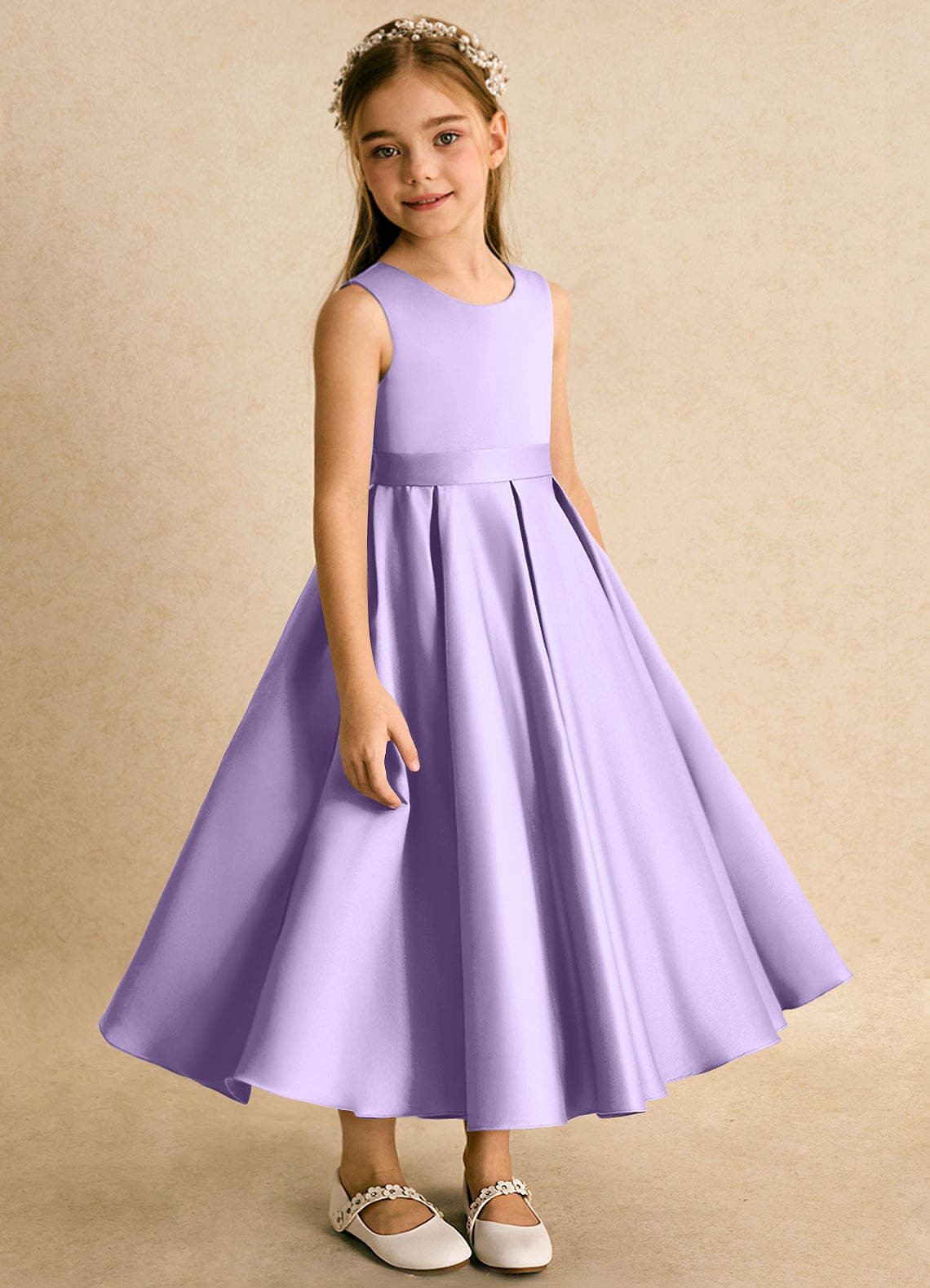 Azazie Junebuj vestidos de niña de las flores Vestido de Lila de Satin Mate de Princesa con Plisado image4
