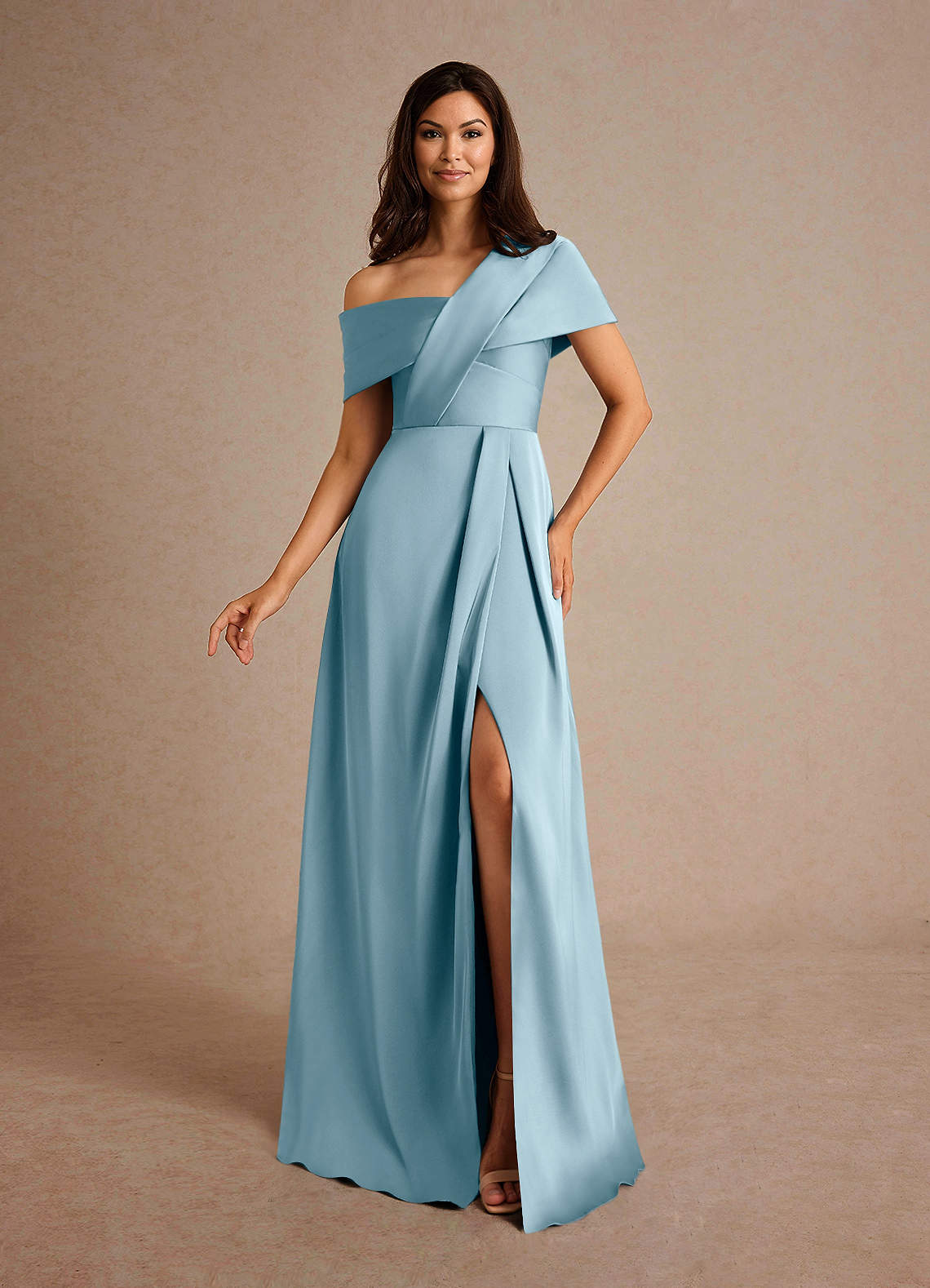 Azazie Milton Mother of the Bride Dresses Moody Blue A-Line Pleated Stretch Satin Dress image1