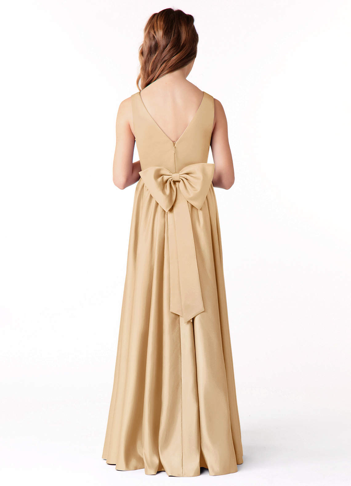 Azazie Hathaway Junior Gold A-Line Bow Stretch Satin Dress image1