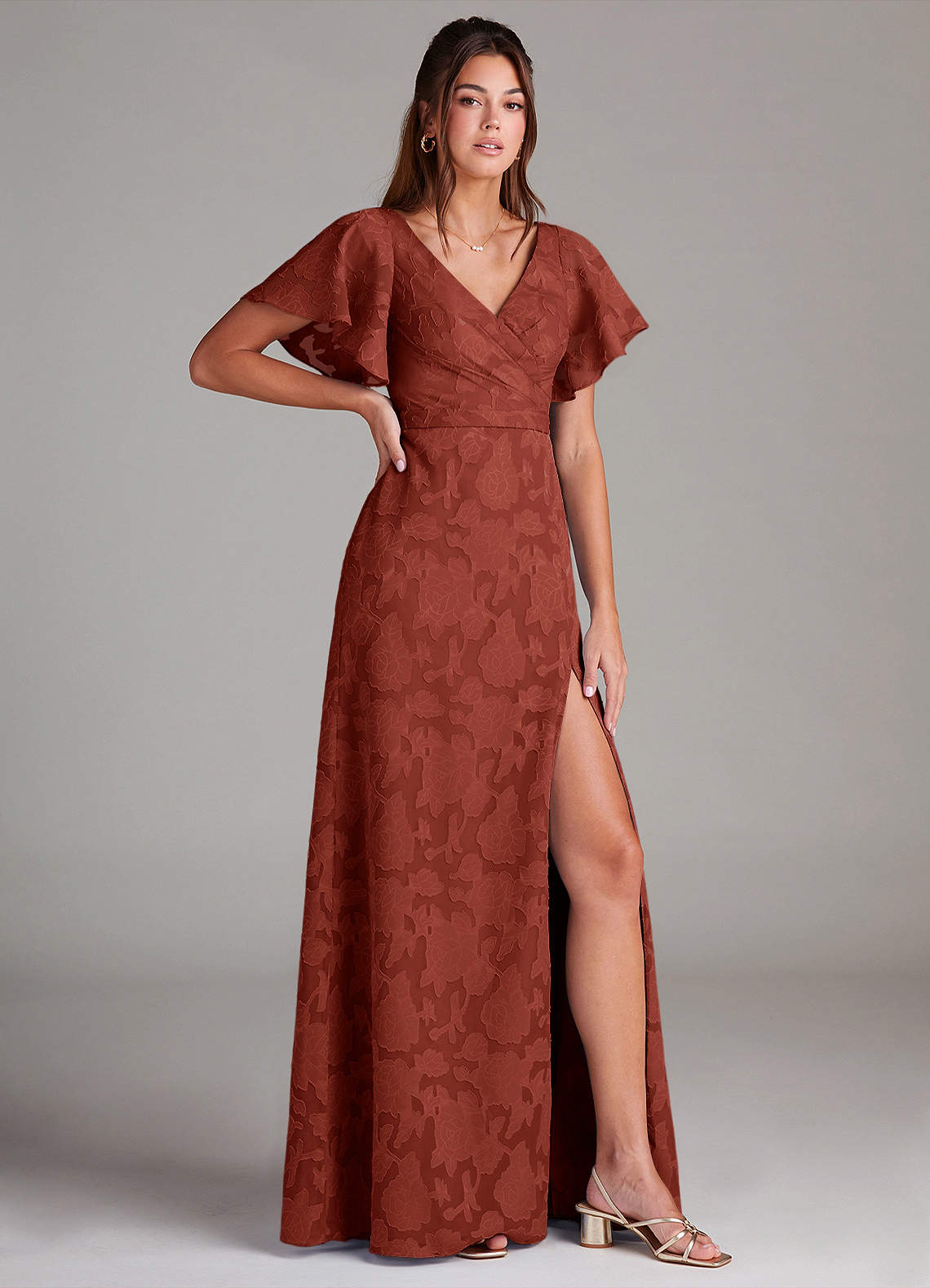 Azazie Ambrosia Robes de demoiselle d'honneur Robe Trapèze en Blumen-Burnout Plissée Terracotta image2