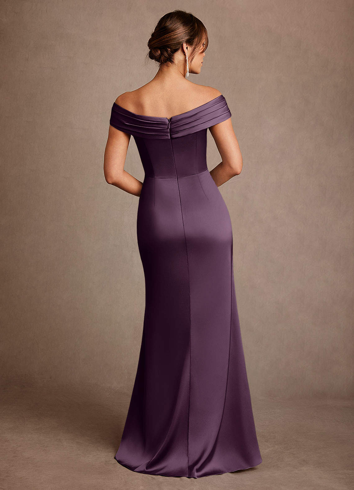 Azazie Bedford Mother of the Bride Dresses Plum Sheath Pleated Stretch Satin Dress image2