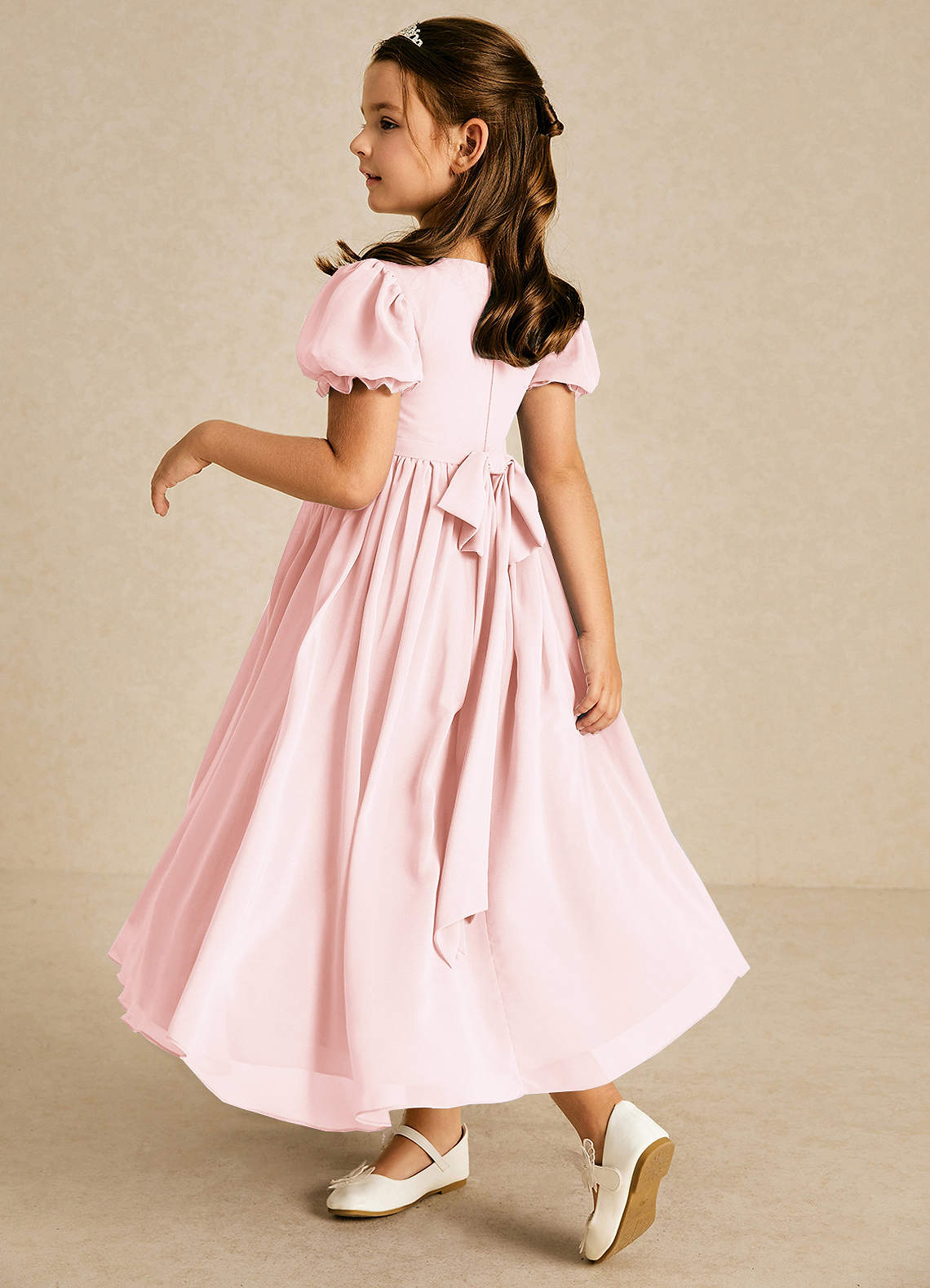 Azazie Joss Flower Girl Dresses Blushing Pink A-Line with Sleeves Chiffon Dress image1