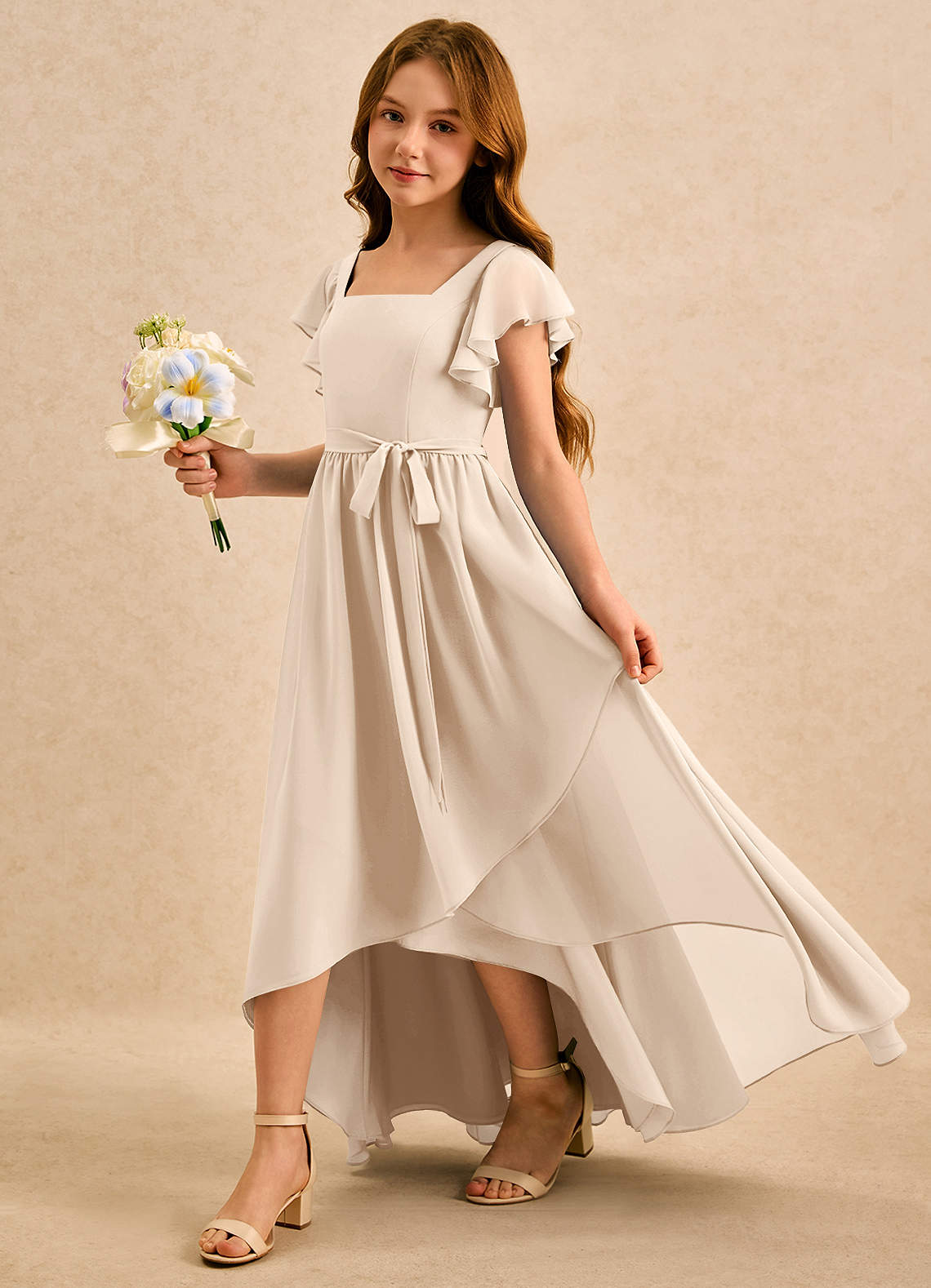 Azazie Milly Girls Formal Flower Girl Dresses White Alabaster A-Line Pleated Chiffon Dress image5