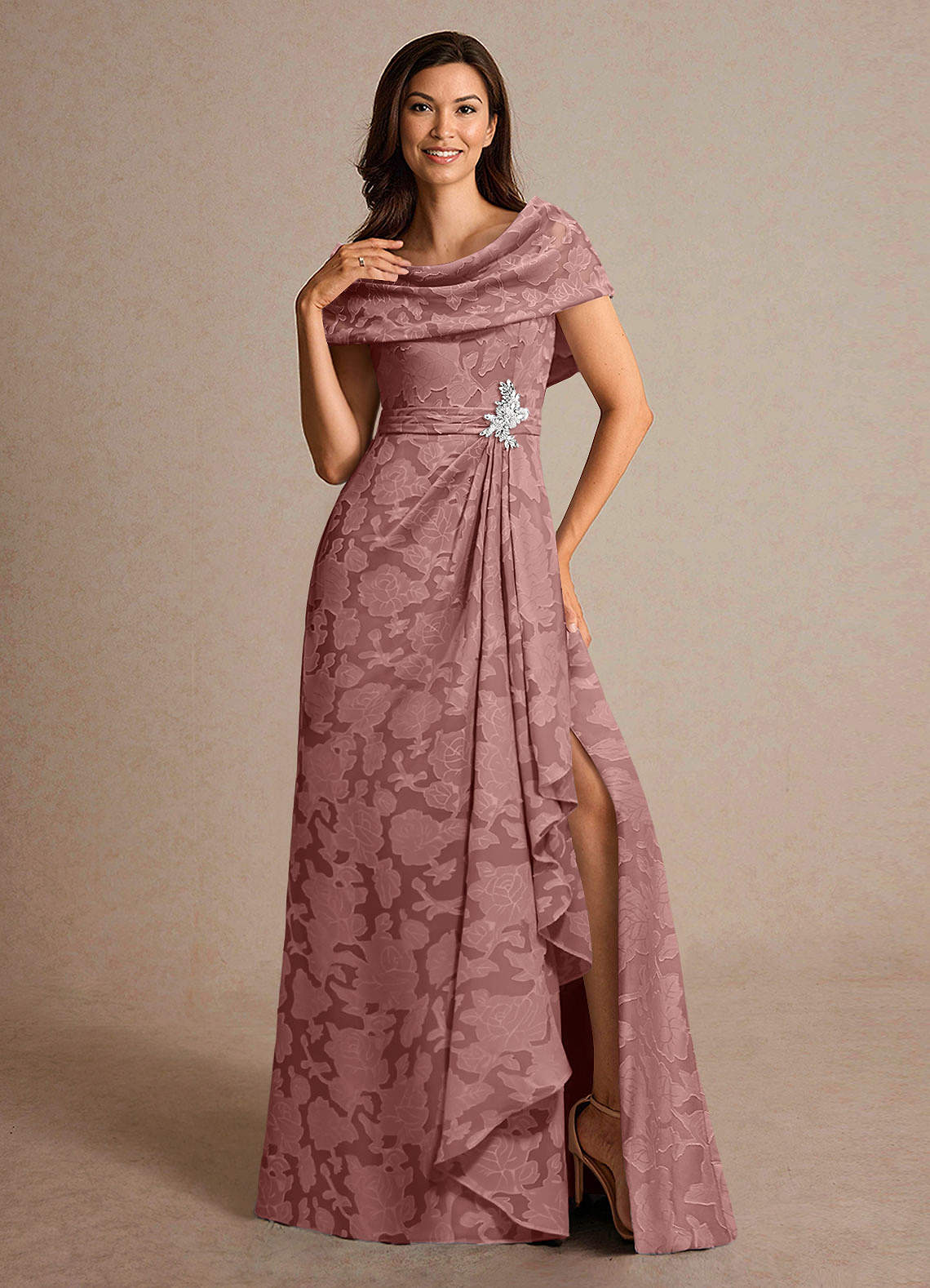 Azazie Branford Mother of the Bride Dresses Dusty Rose A-Line Pleated Floral Burnout Dress image4