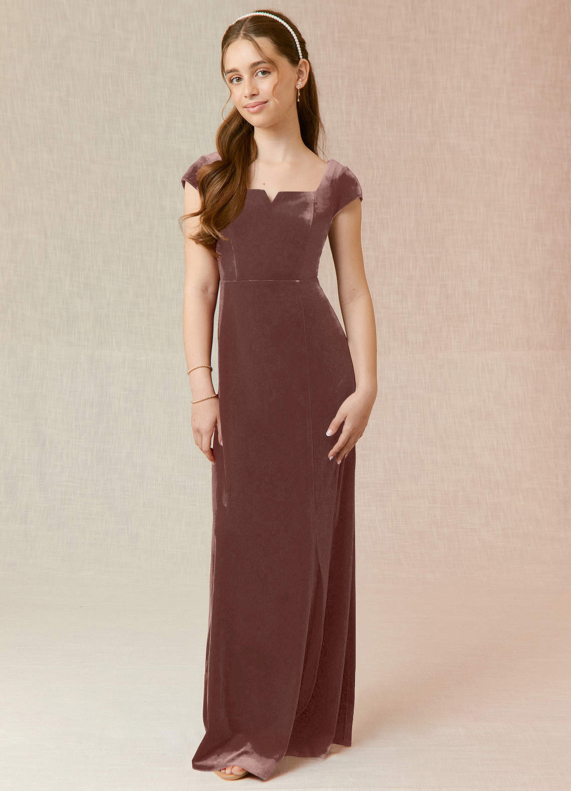 Azazie Gabi Junior Espresso A-Line Velvet Dress image1