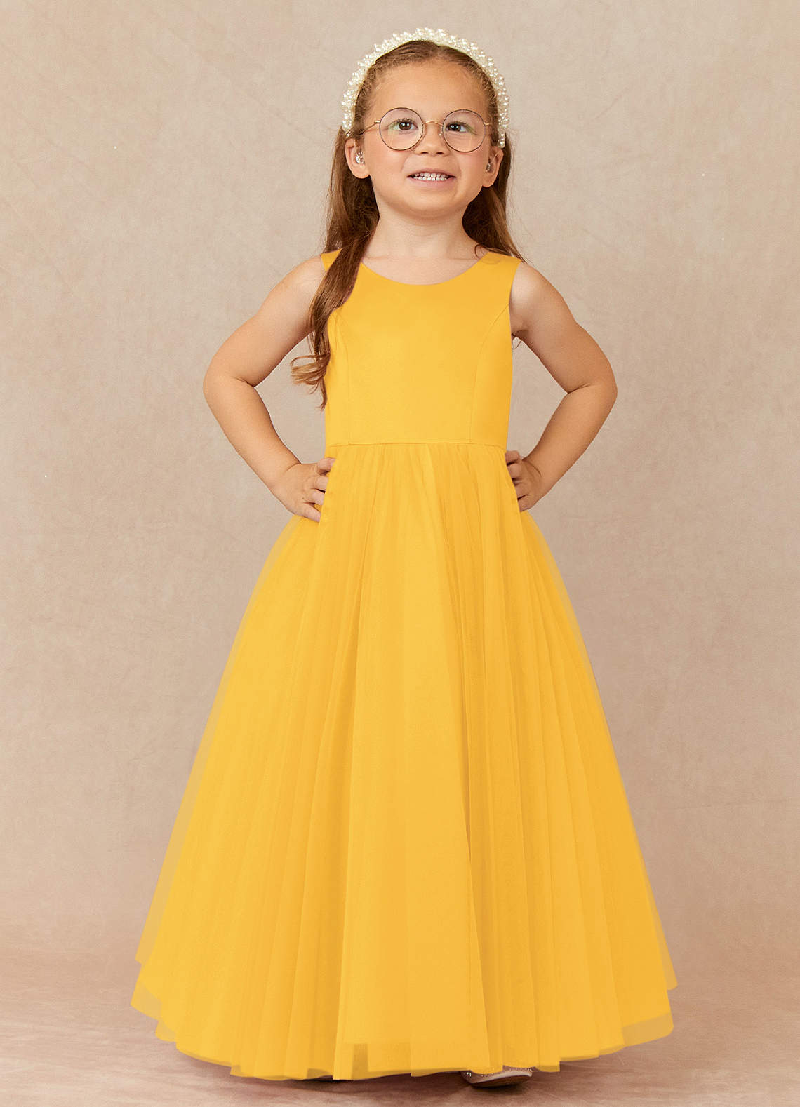 Azazie A Line Princess Scoop Neck Ankle Length Tulle Flower Girl Dresses Marigold