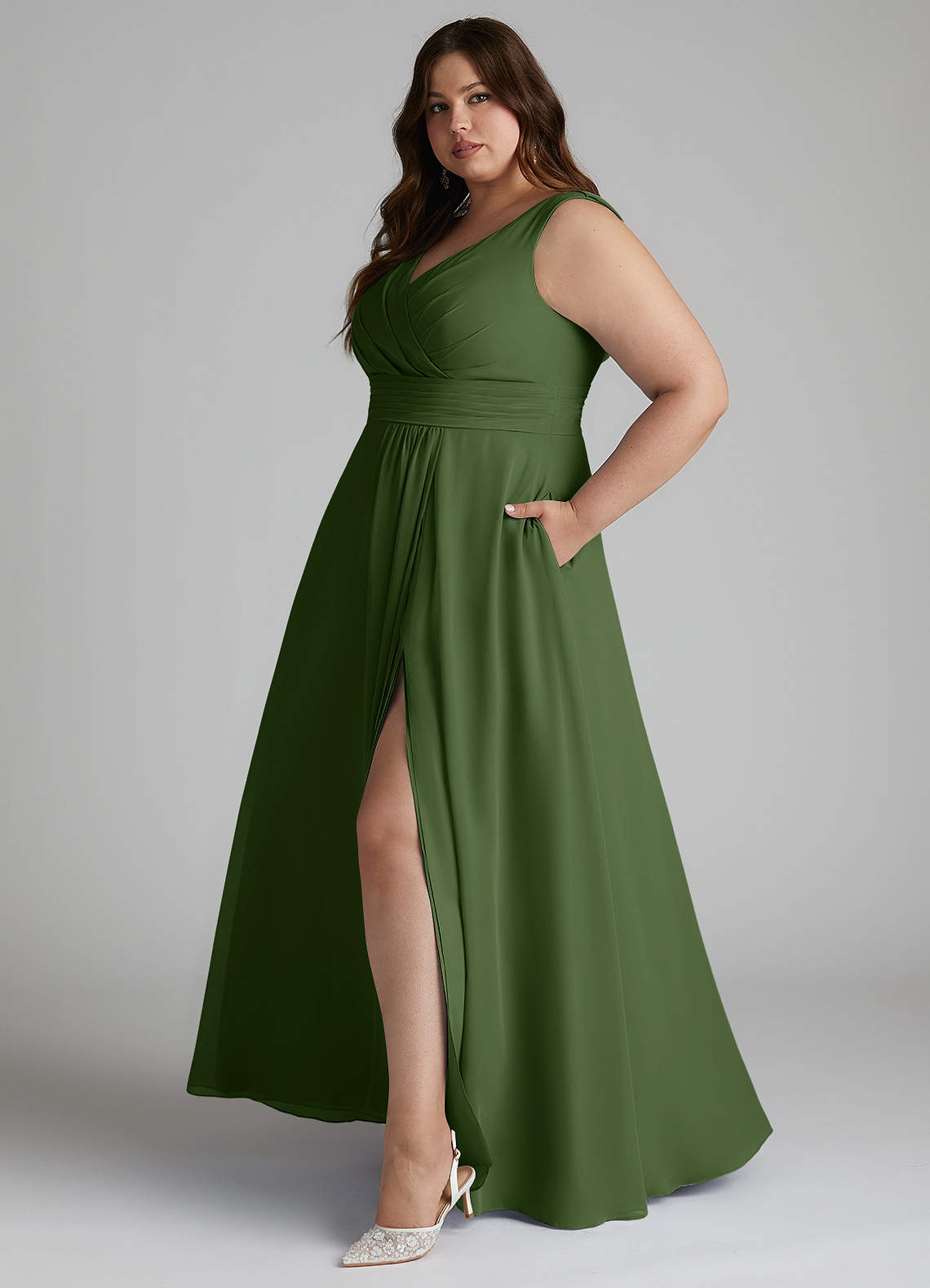 Azazie Karina Bridesmaid Dresses Olive A-Line Pleated Chiffon Dress image7