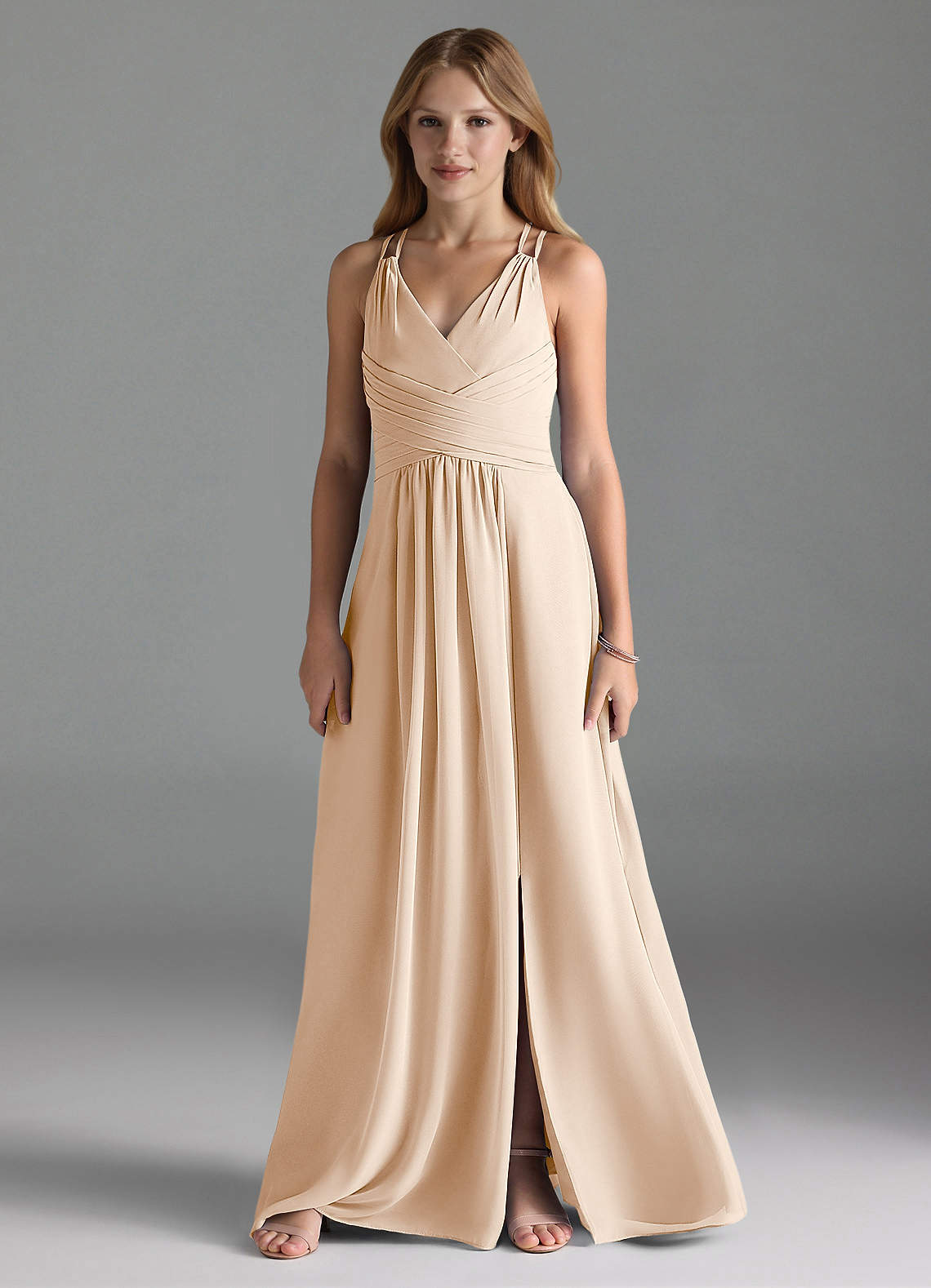 Azazie Farren Junior Vestido Alabastro Branco de Chiffon de Linha A com Plissado image1