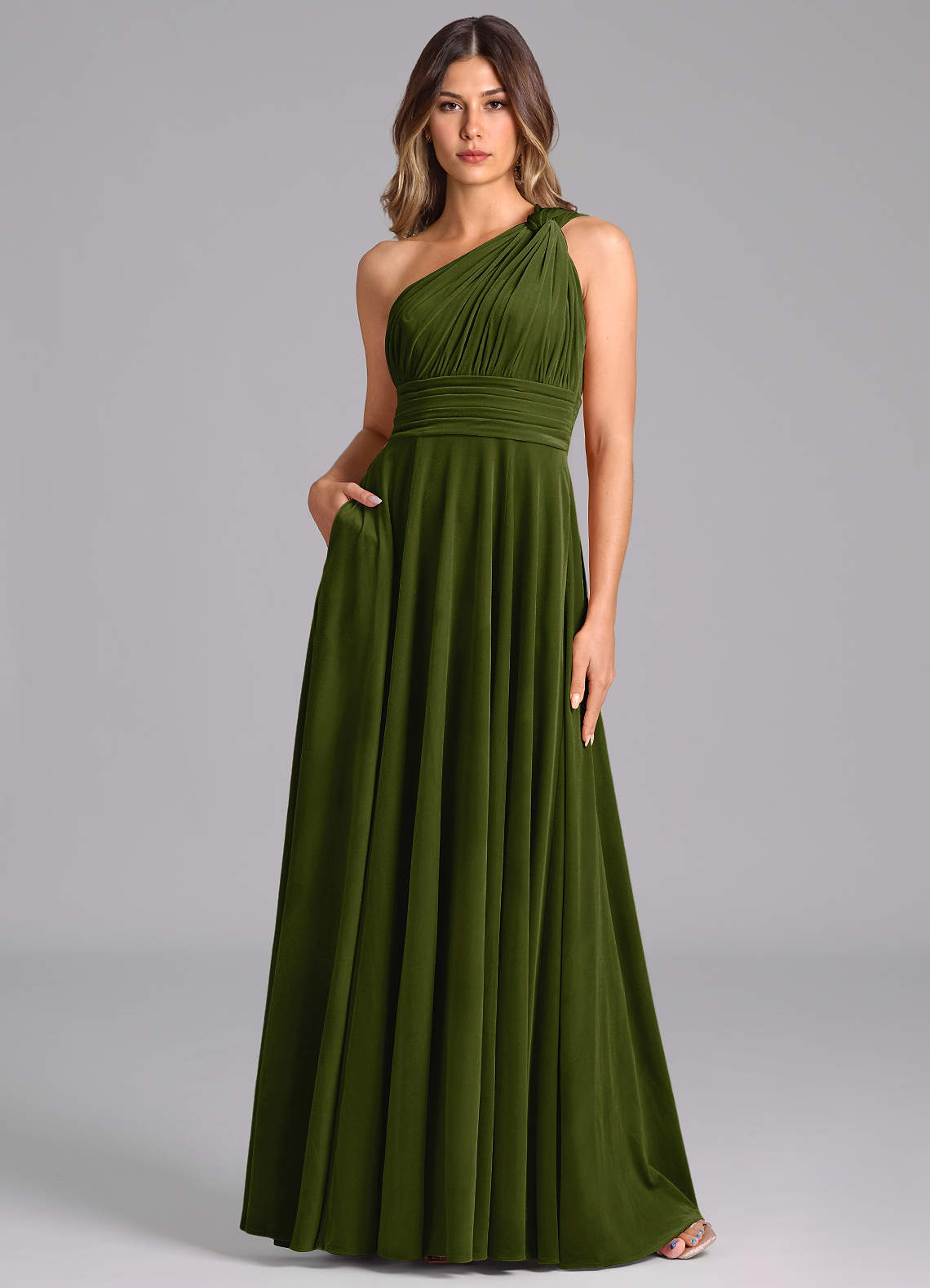 Azazie Charlize Bridesmaid Dresses Olive A-Line One Shoulder Velvet Dress image1