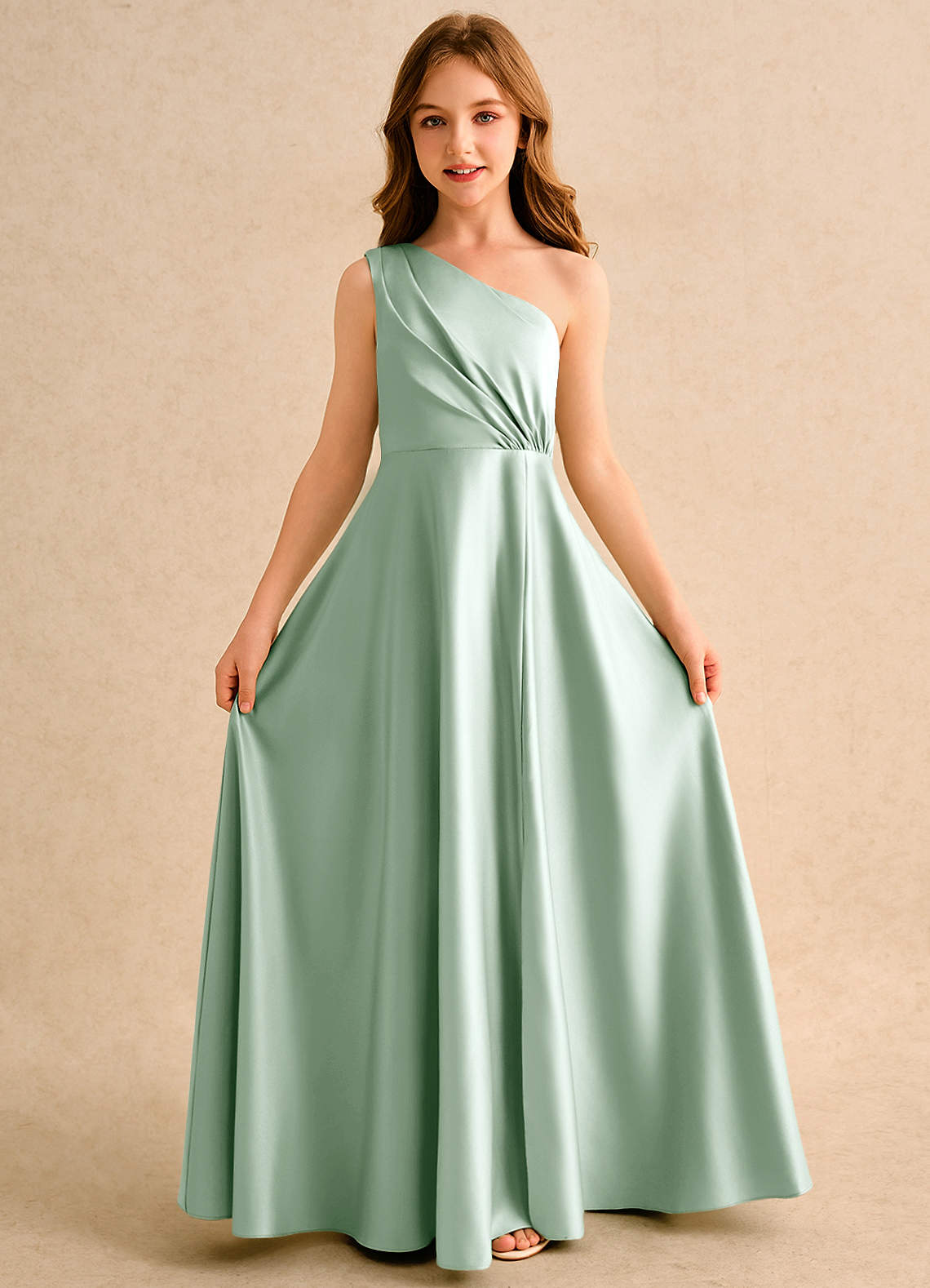 Azazie Puddles Girls Formal Jurken voor bloemenmeisjes A-Lijn Jurk van Mat Satijn One-shoulder Agave image4