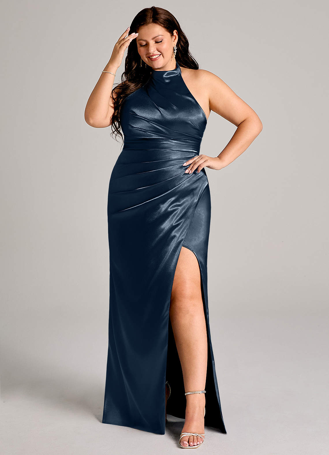 Azazie Jemma Bridesmaid Dresses Dark Navy Sheath Pleated Metallic Satin Dress image1