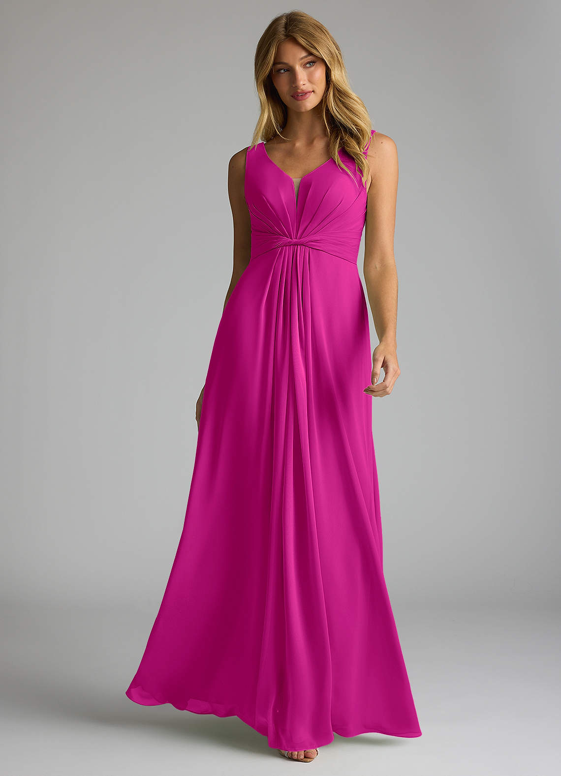 Azazie Gina Vestidos de damas de honor Vestido de Fucsia de Gasa de Corte en A con Cuello en V Plisado image1