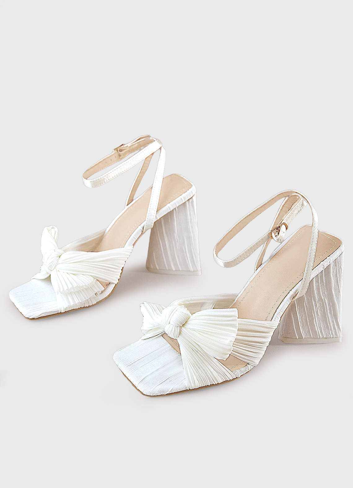 front White Pleated Chiffon Bow Mid-Heel Sandals