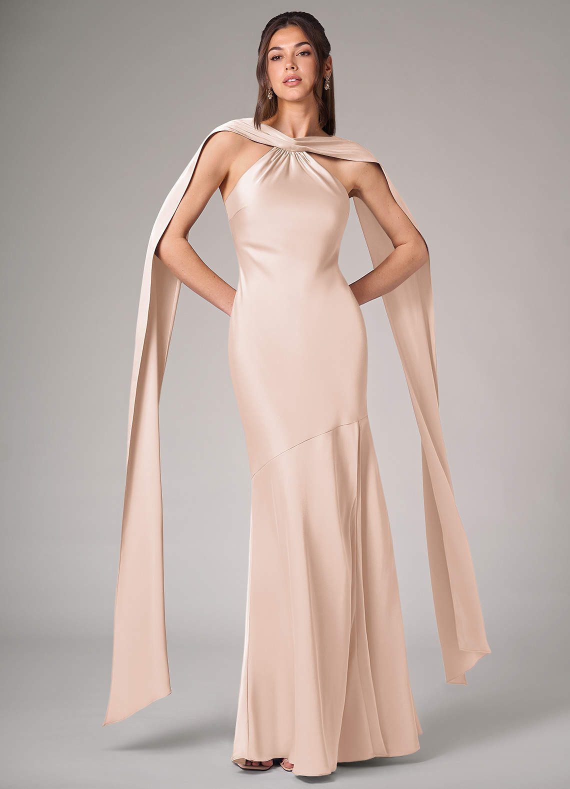 Azazie Kinsley Bridesmaid Dresses Blushing Pink Mermaid Side Slit Stretch Satin Dress image1