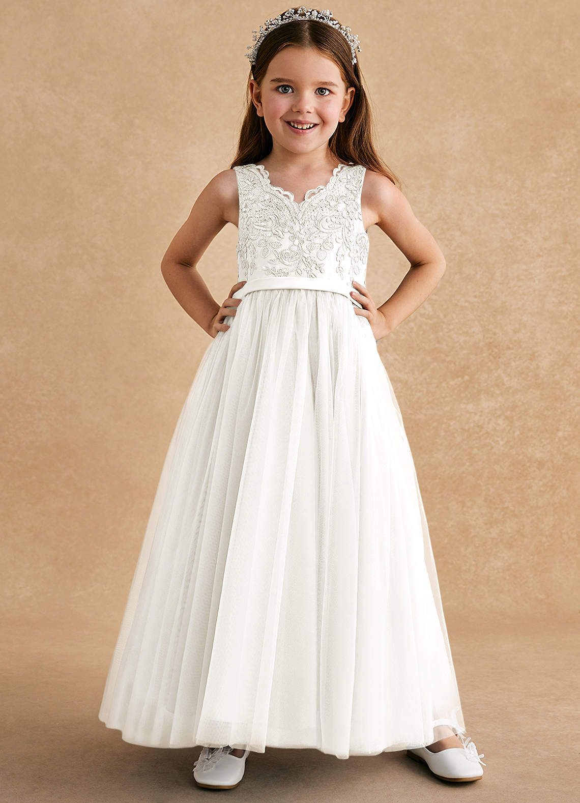 Azazie Cinna Flower Girl Dresses Ivory A-Line Lace Tulle Dress image1