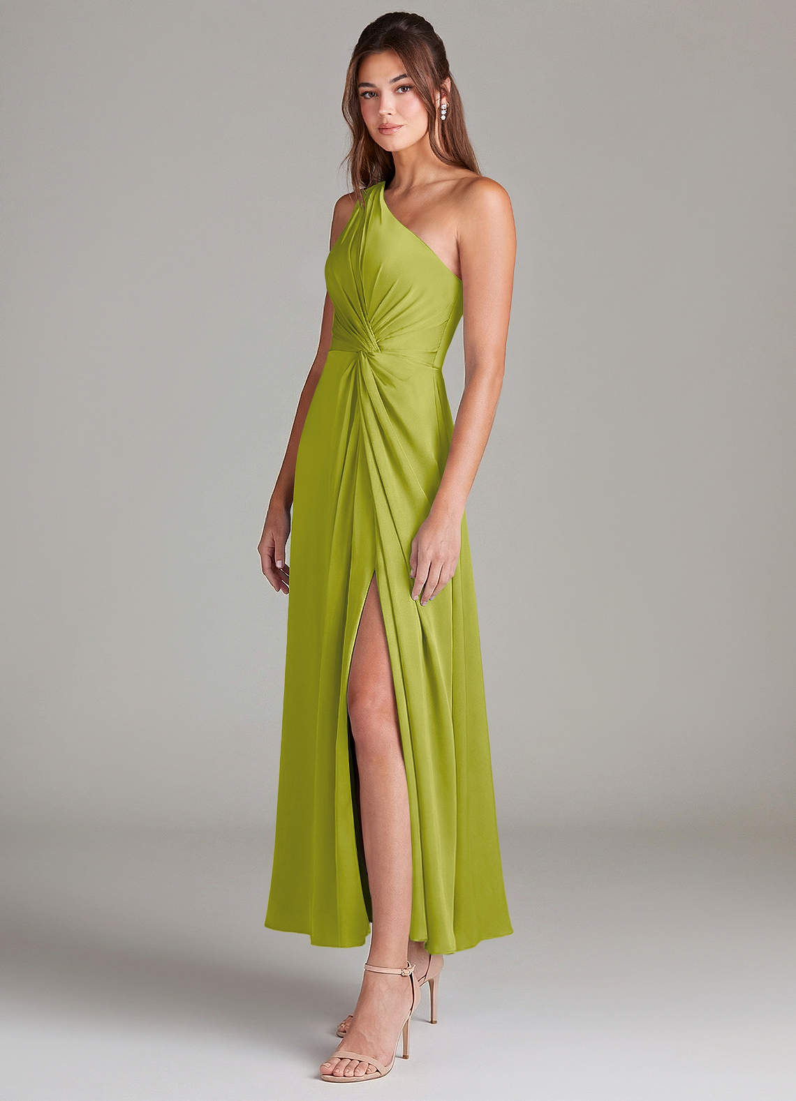 Azazie Brooke Jurken voor bruidsmeisjes Jurk van Stretch Satijn met A-Lijn One-Shoulder Citroengras image4