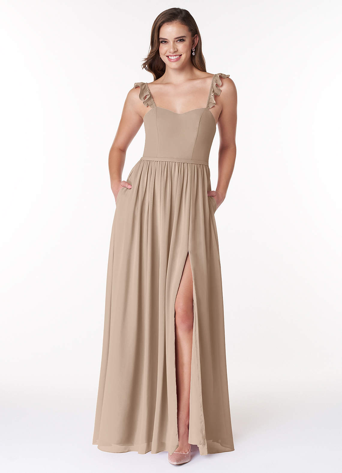 Azazie Metz Brautjungfernkleider A-Linie Herzchen Gerüscht Chiffon Kleid Taupe image1