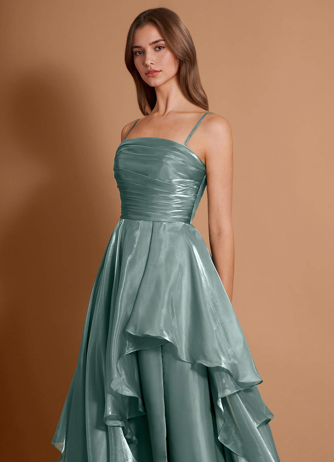 Azazie Light Green Ruffles Strapless A-Line Evening Dress / Gown