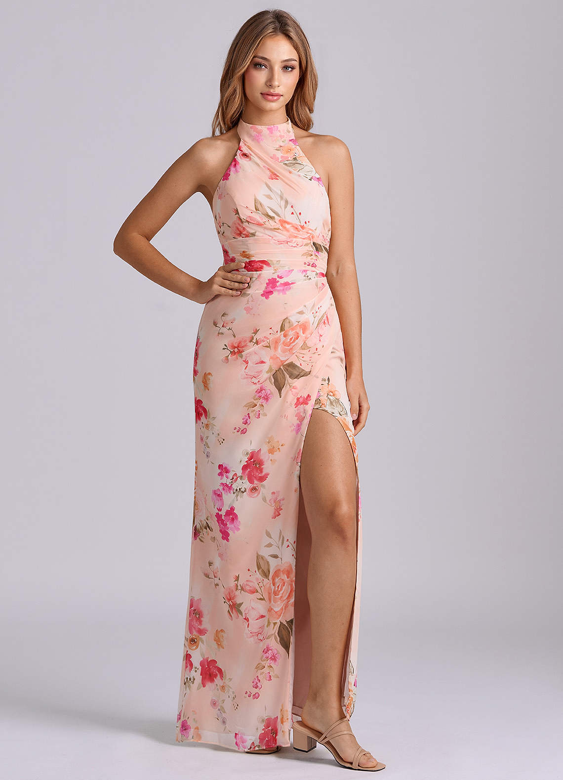 Azazie Jemma Jurken voor bruidsmeisjes Jurk van Chiffon met Kolom Geplooid Abstract Boeket Bloemen image2
