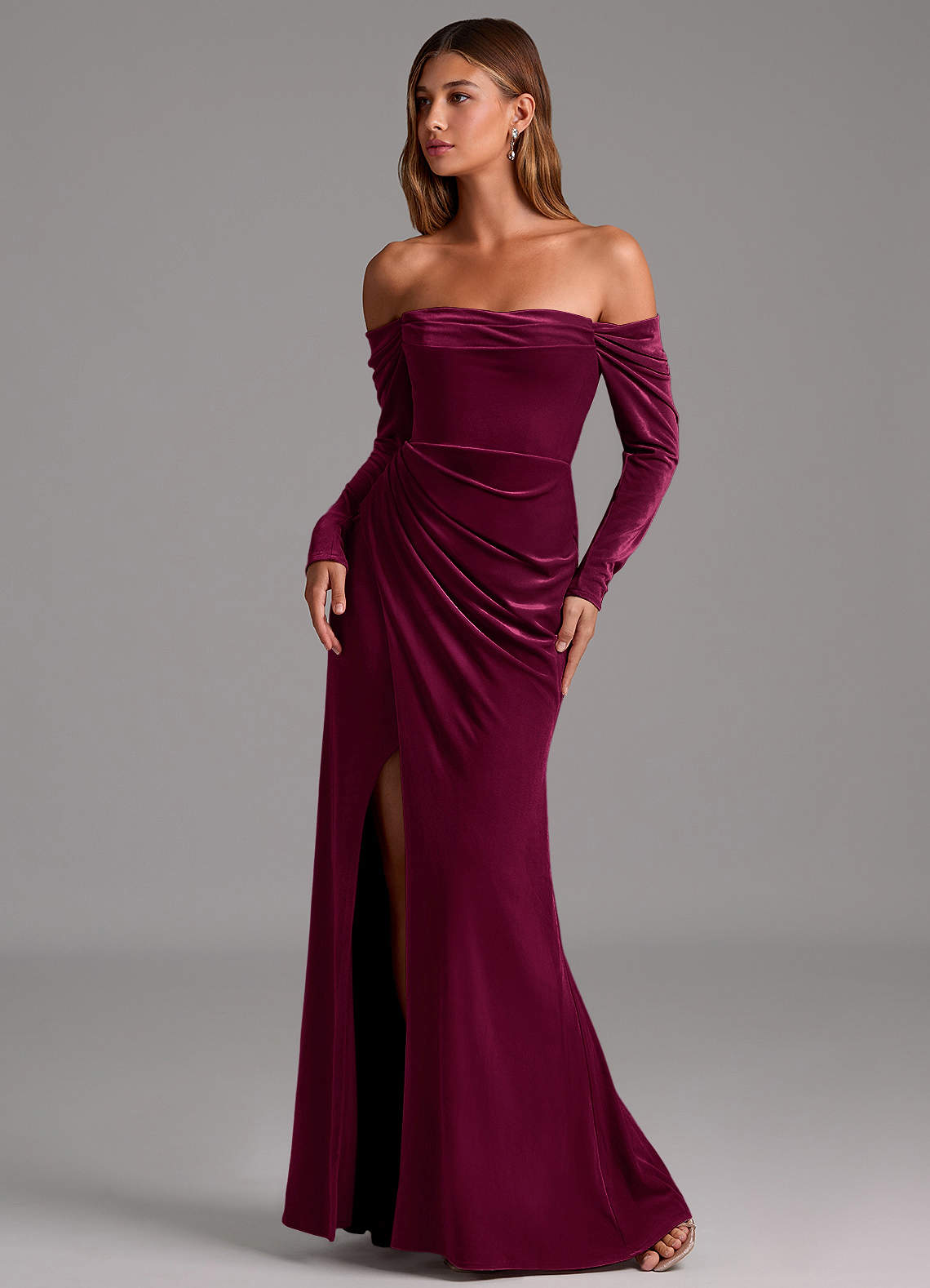 knee length dresses for ladies Hayden Long Sleeve Plunge Maxi Dress / Wine | Meshki main image 0