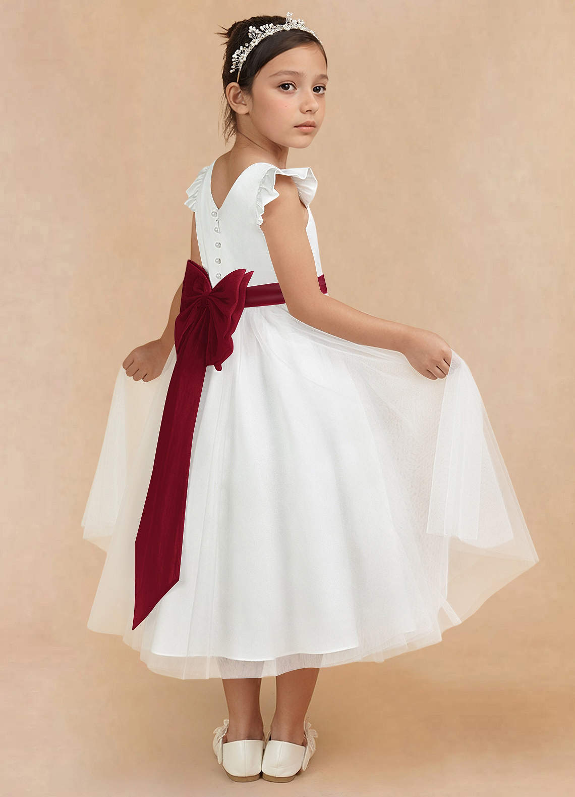 Azazie Hemi Flower Girl Dresses Ivory Burgundy A-Line Bow Tulle Dress image1