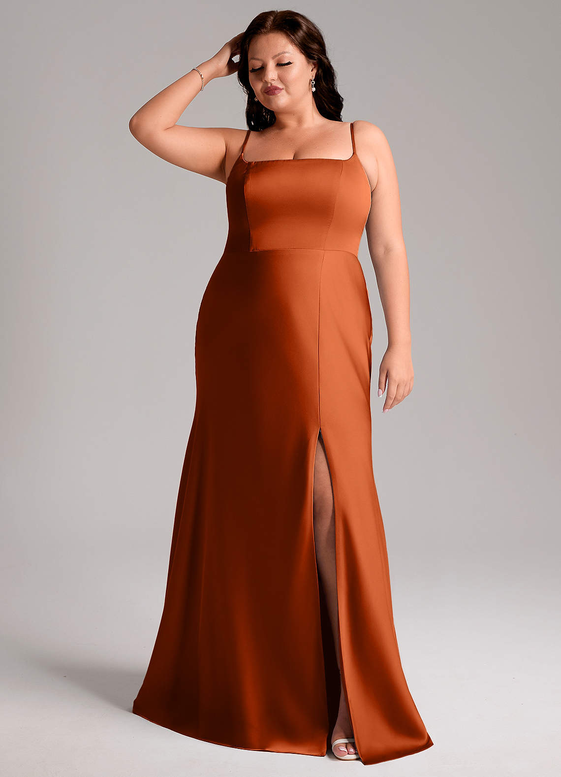 Azazie Lidia Bridesmaid Dresses Burnt Orange Mermaid Side Slit Stretch Satin Dress image1