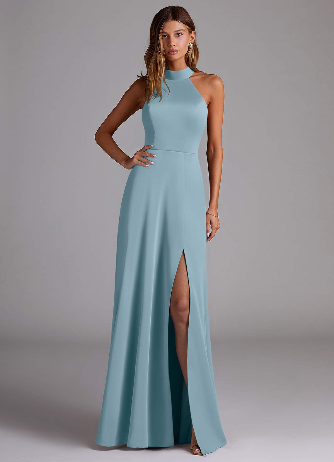 Azazie Myra Robes de demoiselle d'honneur Robe Trapèze en Satin extensible Fente Latérale Bleu Maussade image1