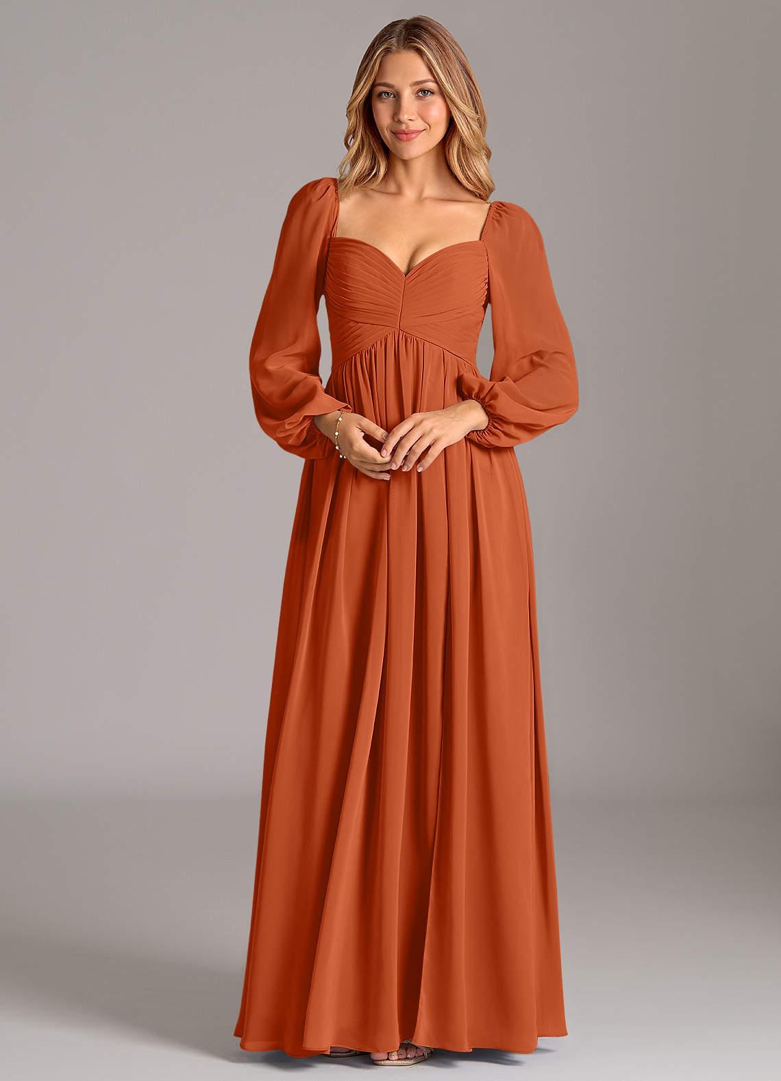 Azazie Bailee Burnt Orange Chiffon Bridesmaid Dresses | Azazie