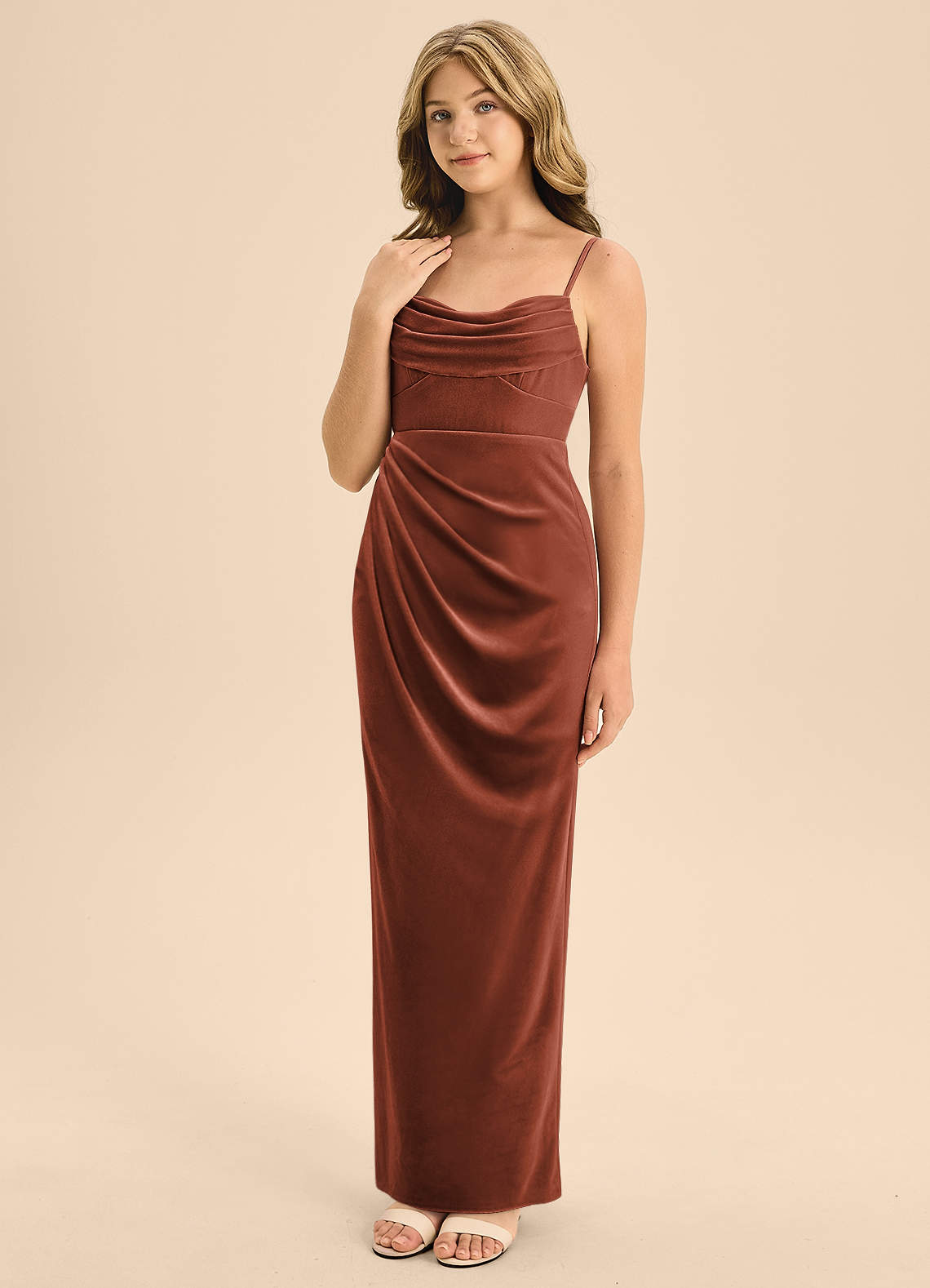 Azazie Mai Junior Terracotta A-Line Sweetheart Neckline Velvet Dress image1