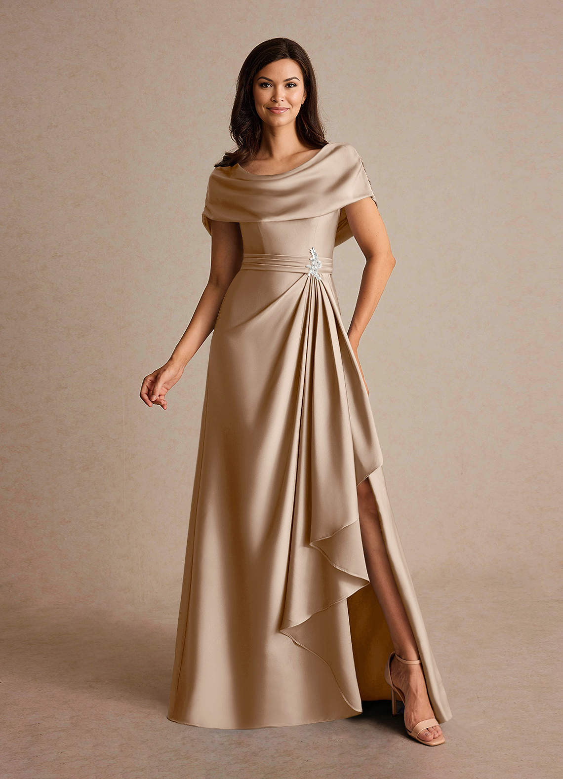 Azazie Branford Kleider für die Brautmutter A-Linie Plissee Stretch-Satin Kleid Taupe image1