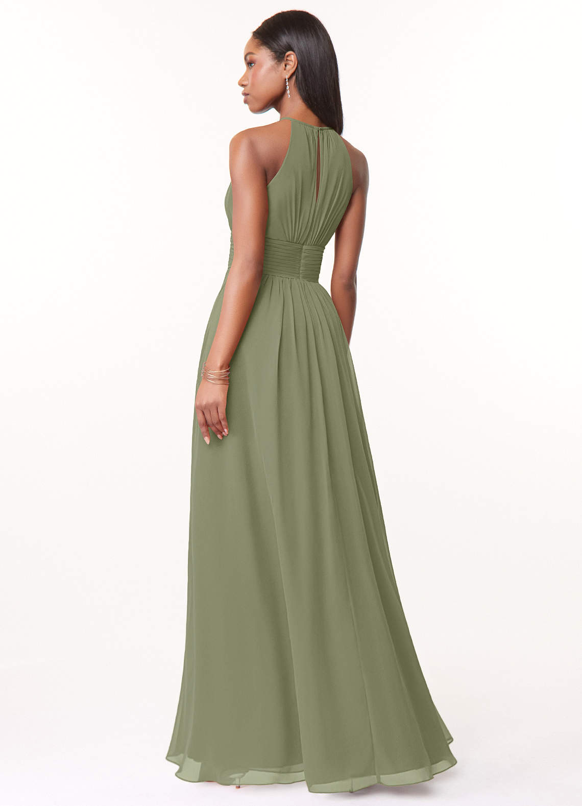 Azazie Bonnie Vestidos de damas de honor Vestido de Pistacho de Gasa de Corte en A con Cuello de pico fruncido image1