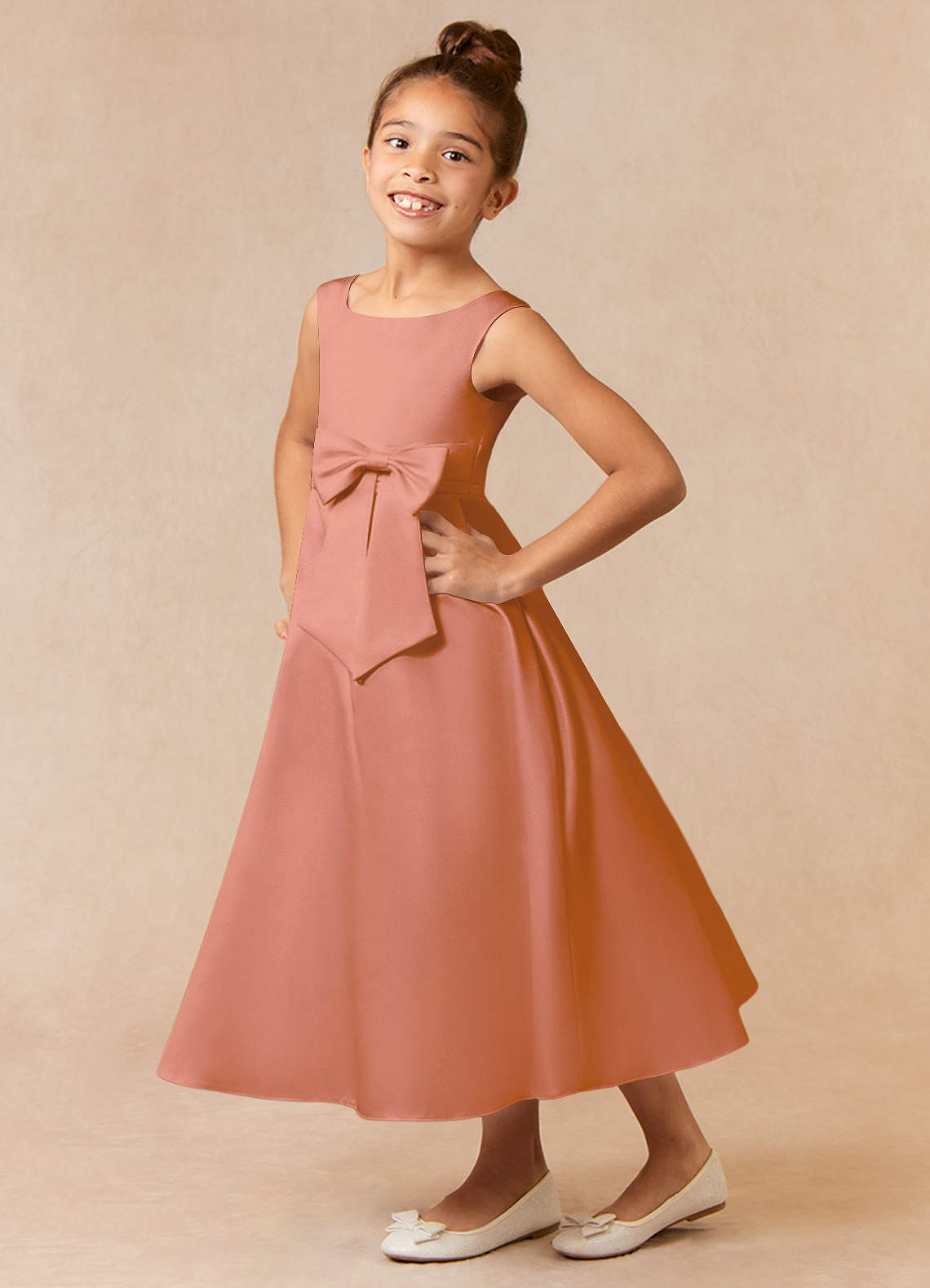 Azazie Lindy Flower Girl Dresses MAI TAI A-Line Pleated Matte Satin Dress image1