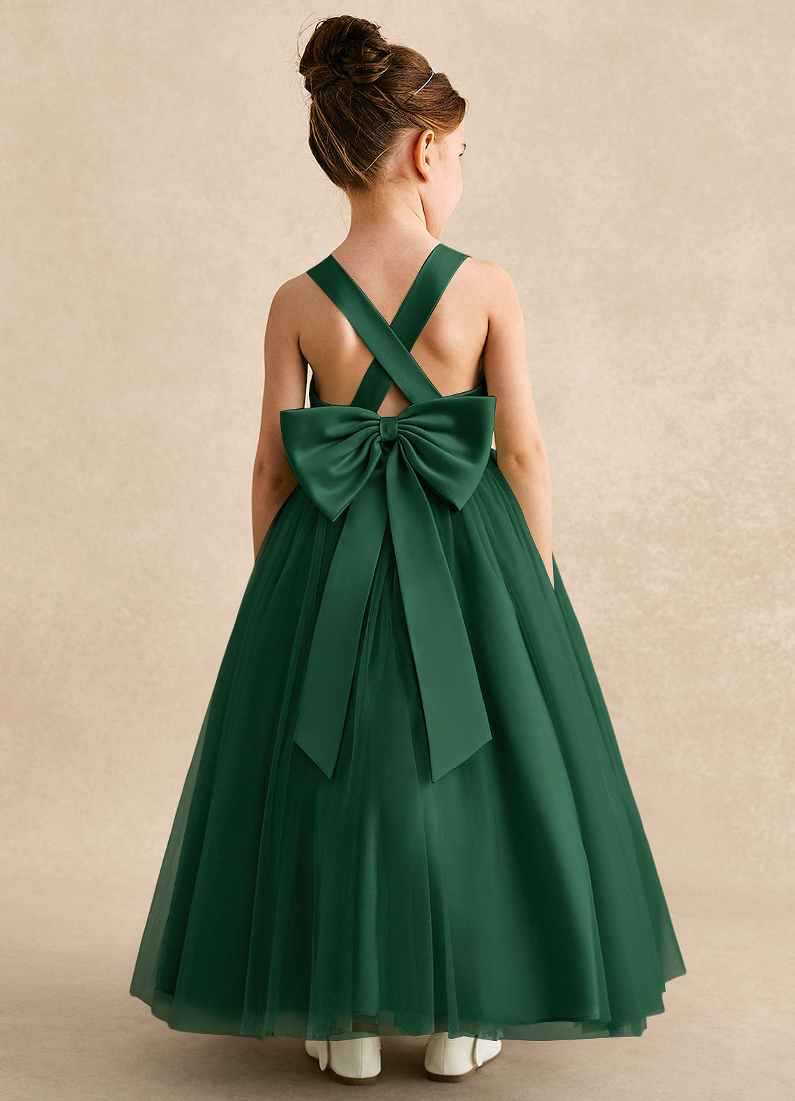 Azazie A-Line/Princess V-Neck Ankle-Length Tulle Flower Girl Dresses - Dark Green