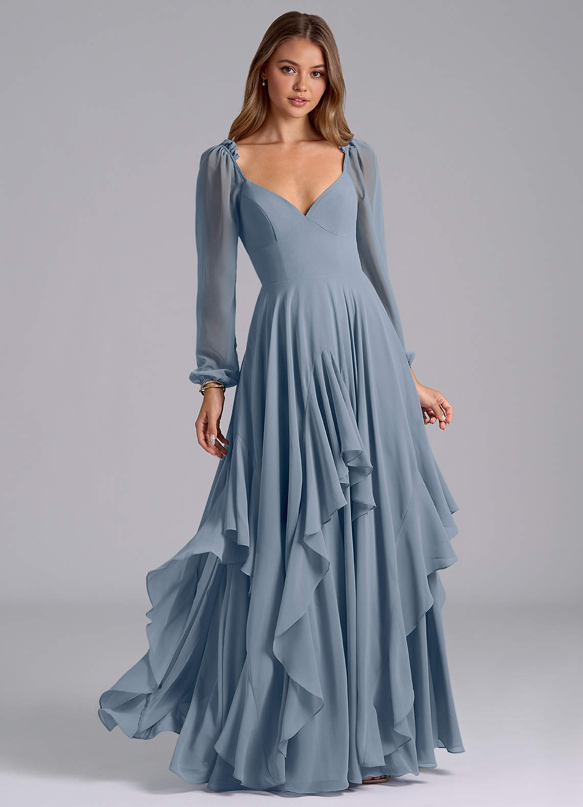 Azazie Karan Bridesmaid Dresses Twilight A-Line Long Sleeve Chiffon Dress image1