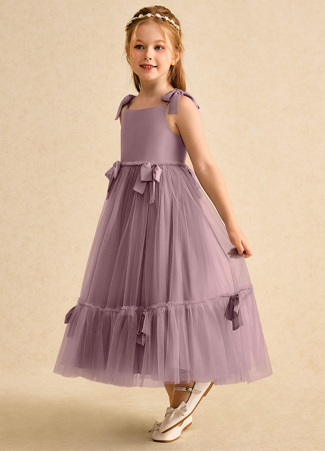 Azazie Jaci Blumenmädchenkleider A-Linie Spaghetti Riemen Chiffon Kleid Altrosa image1