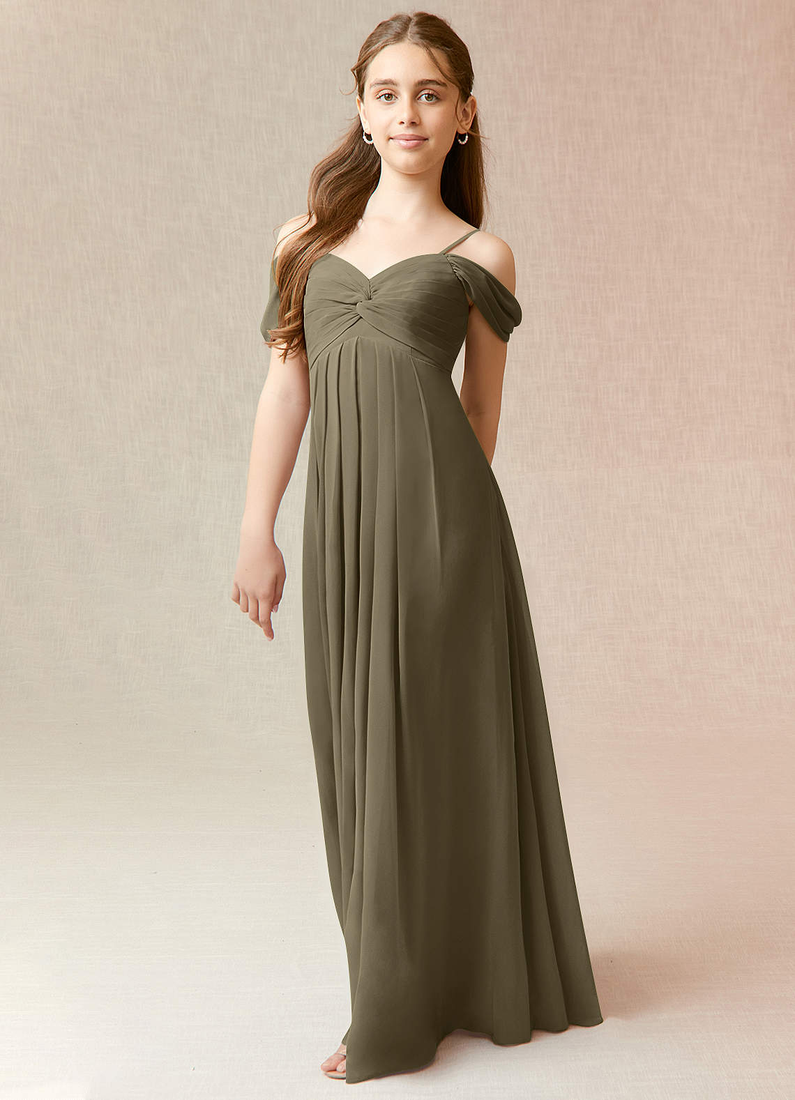Azazie Kaitlynn Junior Willow Green A-Line Off the Shoulder Chiffon Dress image1