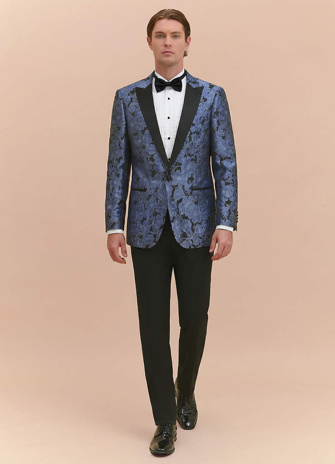 front Samuel Dusty Blue Floral Jacquard Peak Lapel Tuxedo Jacket