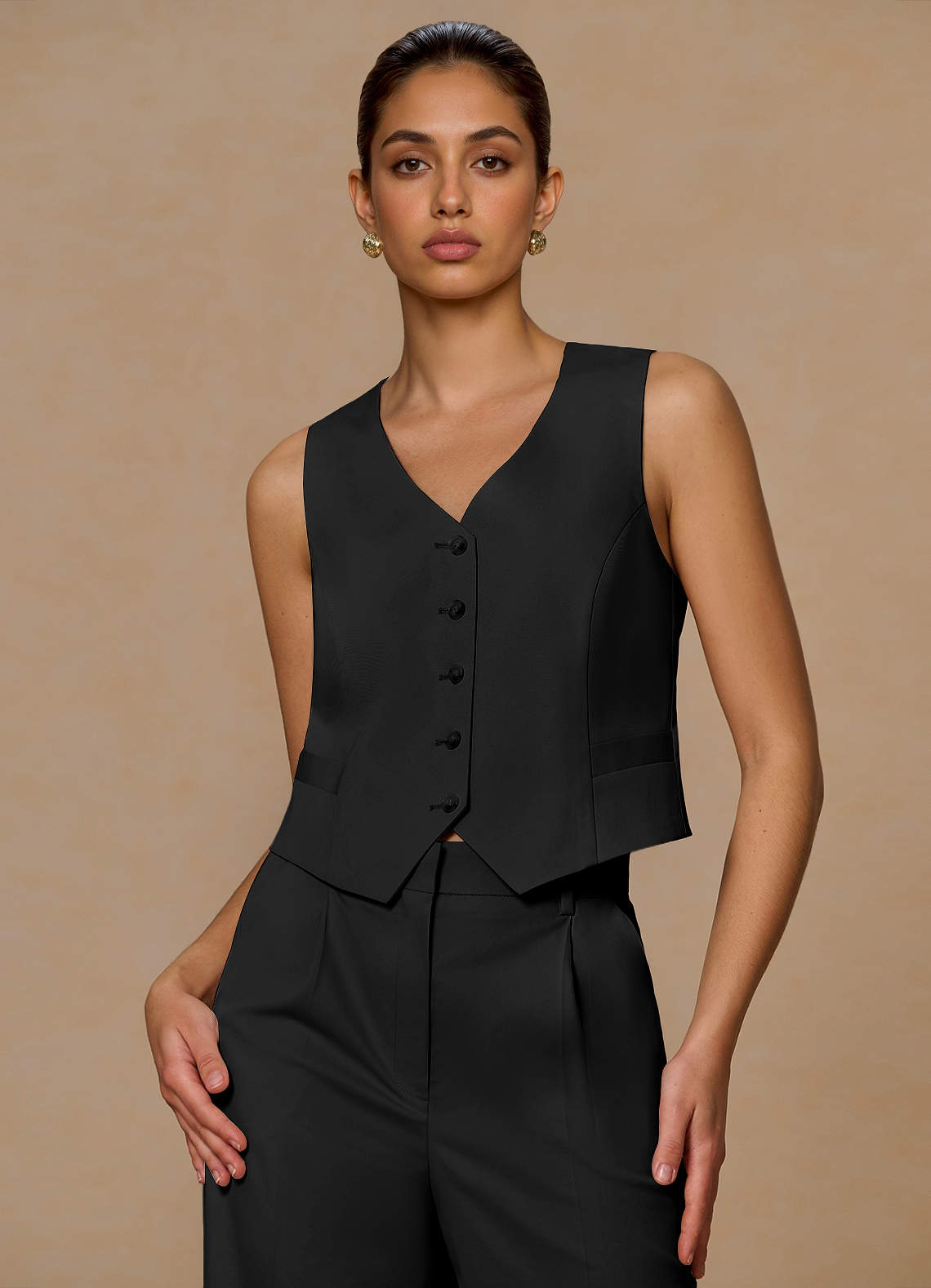 Margaret Black Cotton Linen Blend Vest | Azazie