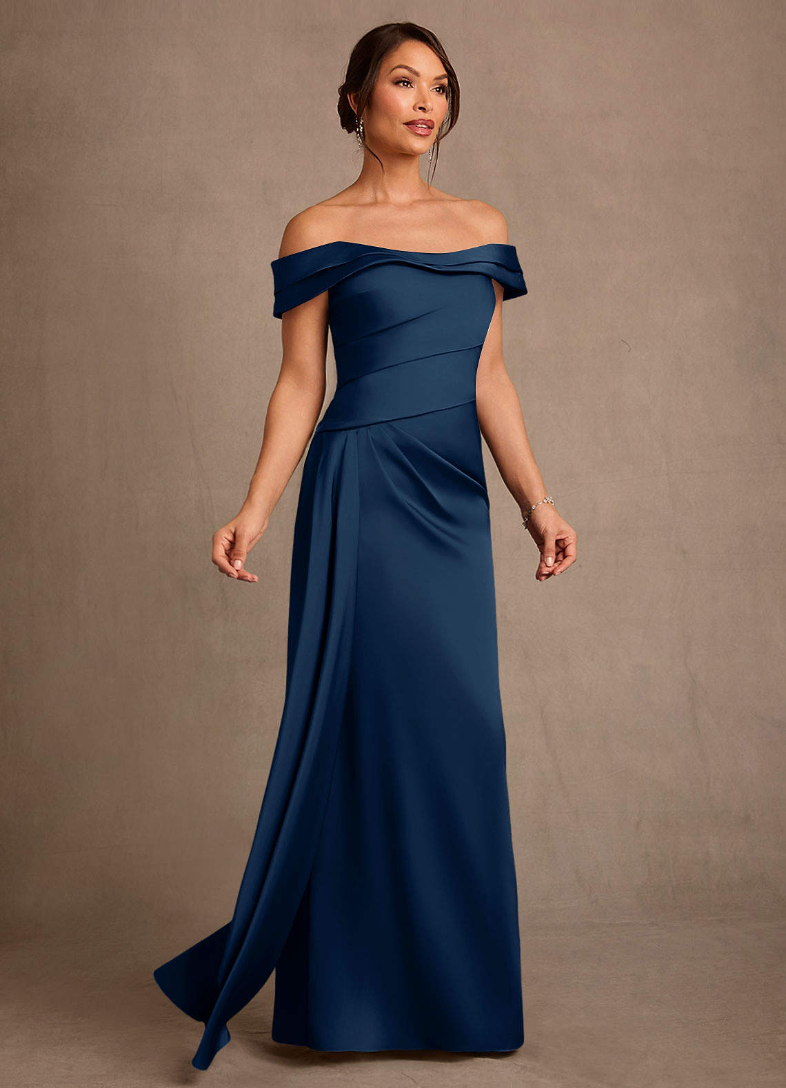 Azazie Beah Final Sale Ganache Sheath Off the Shoulder Stretch Satin Dress image1