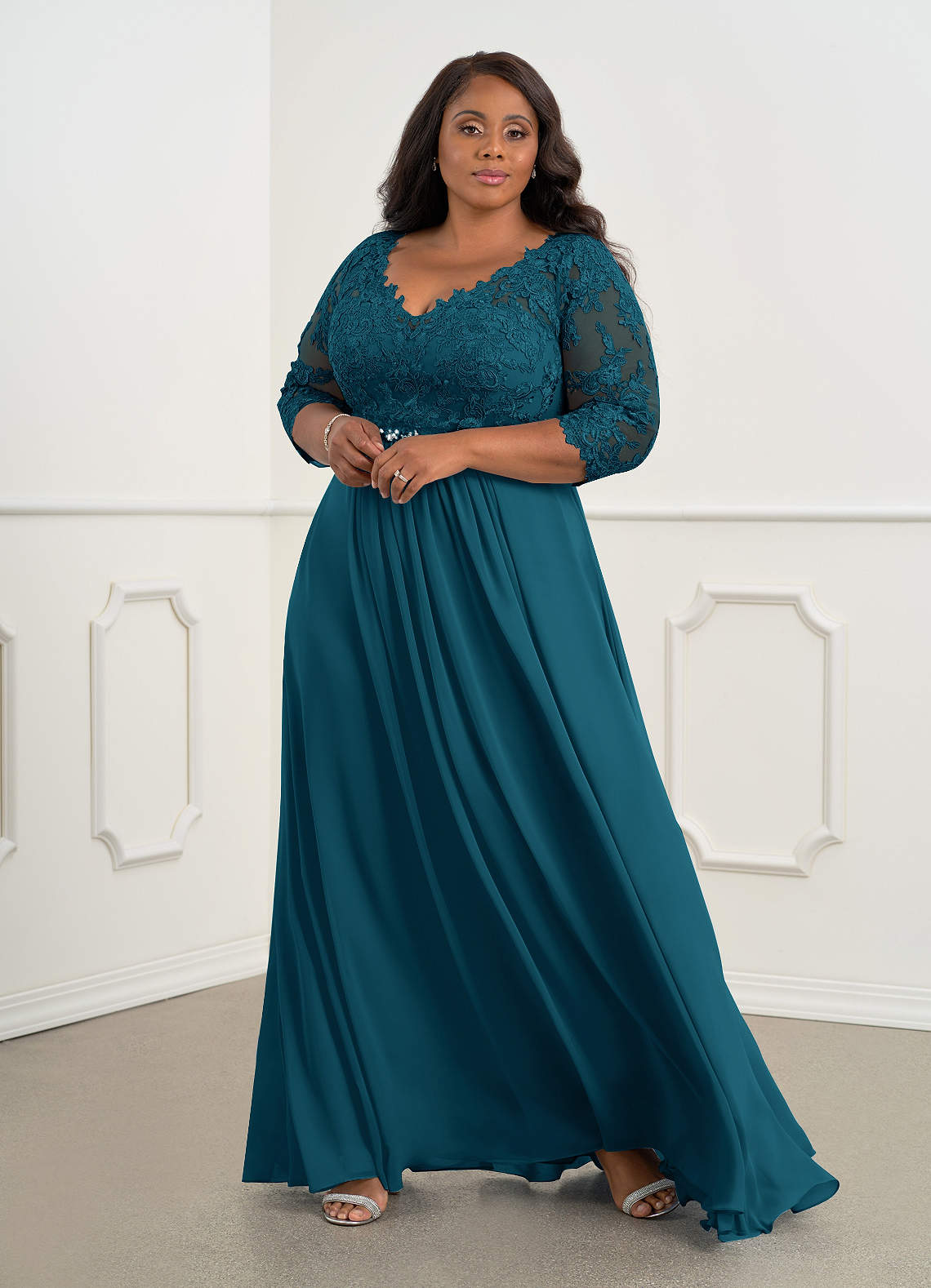 Azazie Hayek Mother of the Bride Dresses Ink Blue A-Line V-Neck Lace Chiffon Dress image1