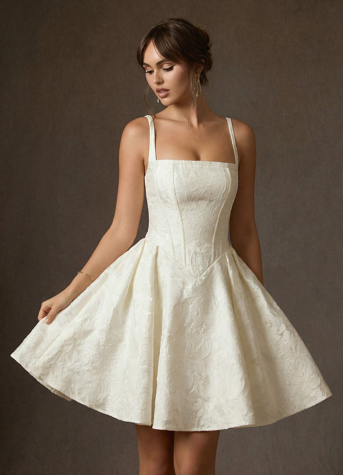 Azazie Daisley Wedding Dresses Antique White A-Line with Pockets Floral Jacquard Dress image3