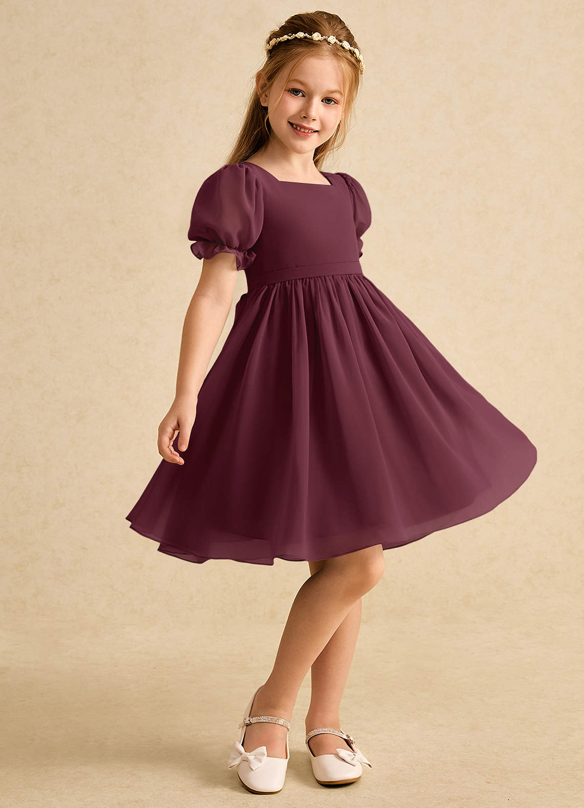 Azazie Jolie Flower Girl Dresses Cabernet A-Line with Sleeves Chiffon Dress image1
