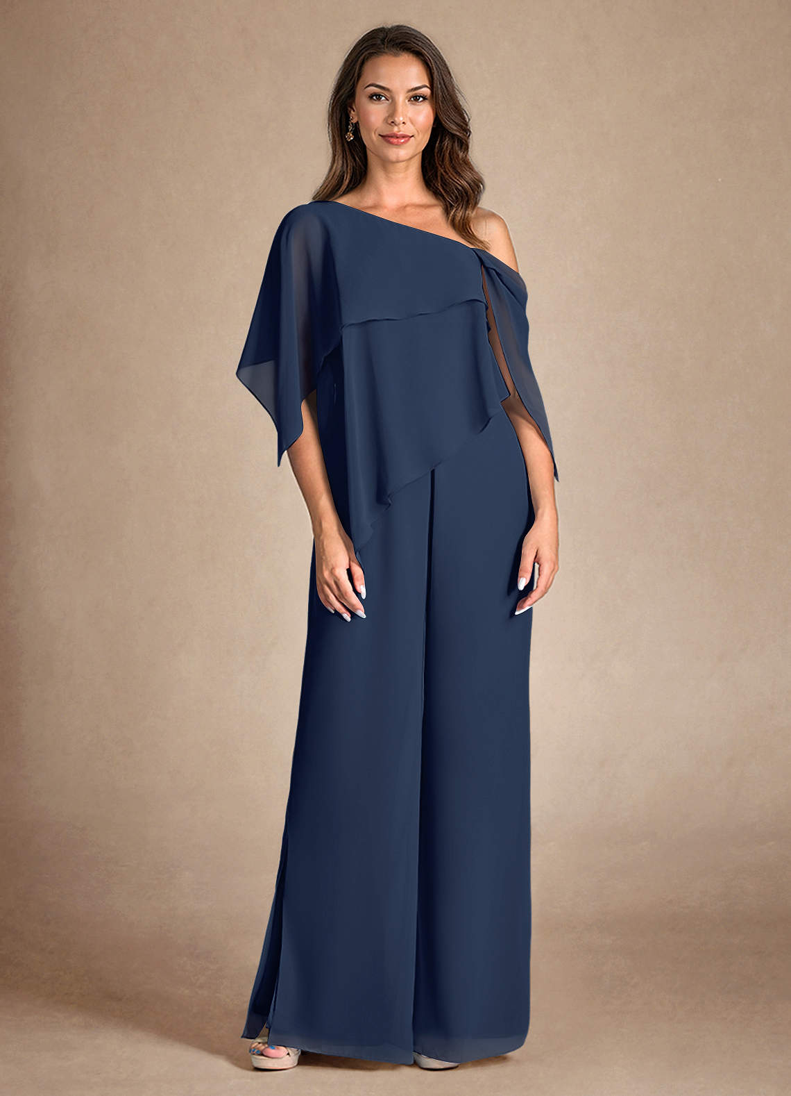 Azazie Halima Abiti per la Madre della Sposa Abito Tuta Pantaloni in Chiffon Spacco Laterale Marino Scuro image6