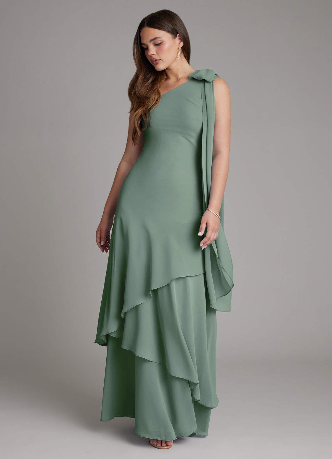 Azazie Monique At-home Try On Dresses Eucalyptus A-Line One Shoulder Chiffon Dress image5