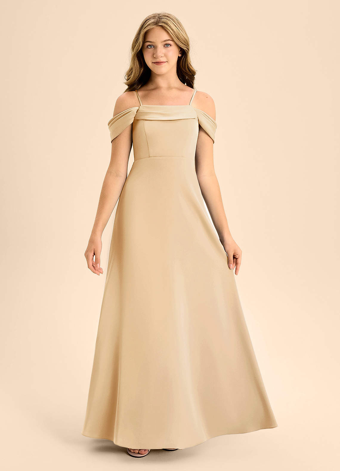 Azazie Anselie Junior Gold A-Line Off the Shoulder Stretch Satin Dress image6