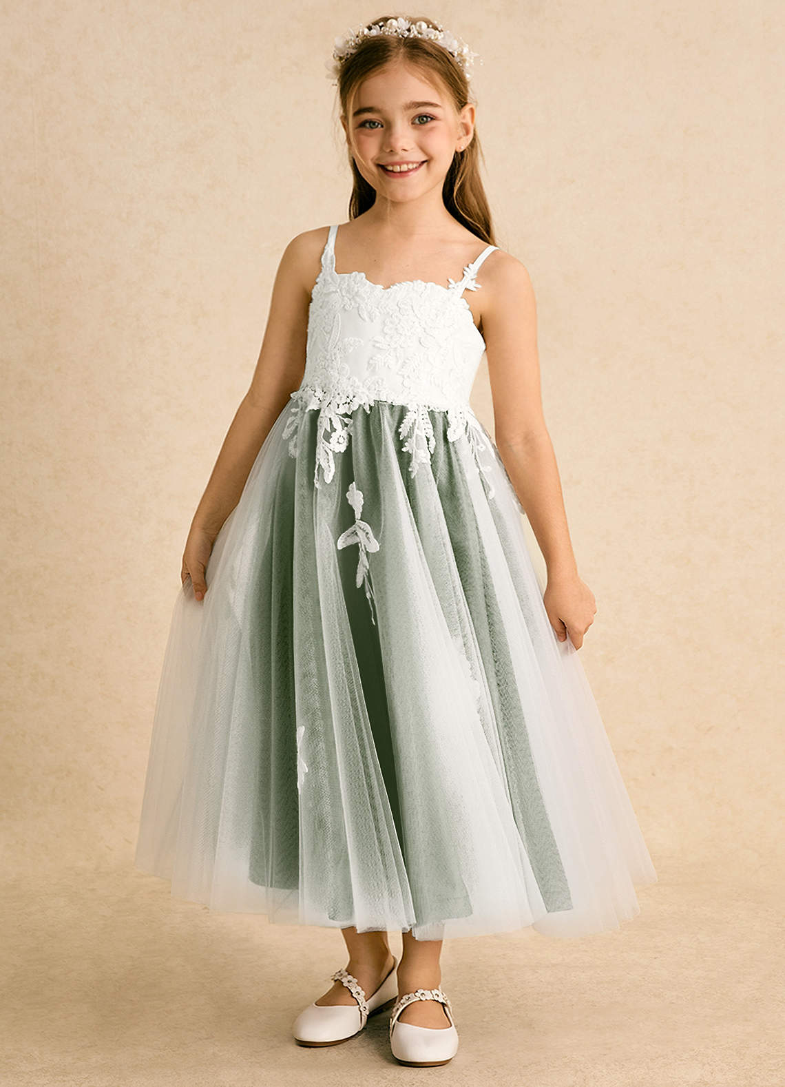 Azazie Coraline Flower Girl Dresses Ivory Olive A-Line Lace Dress image1