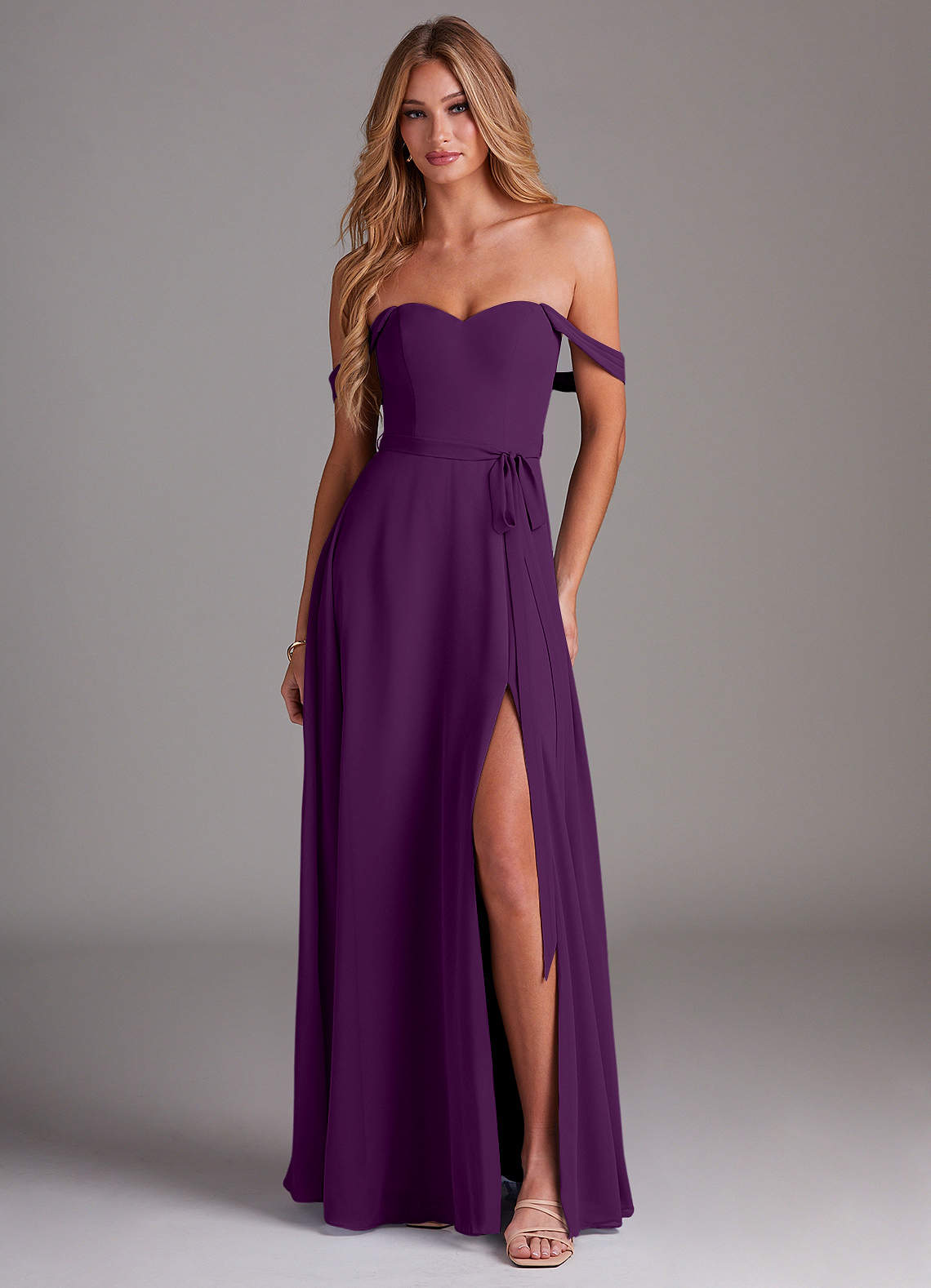 Azazie Aaron Bridesmaid Dresses Grape A-Line Off the Shoulder Chiffon Convertible Dress image1