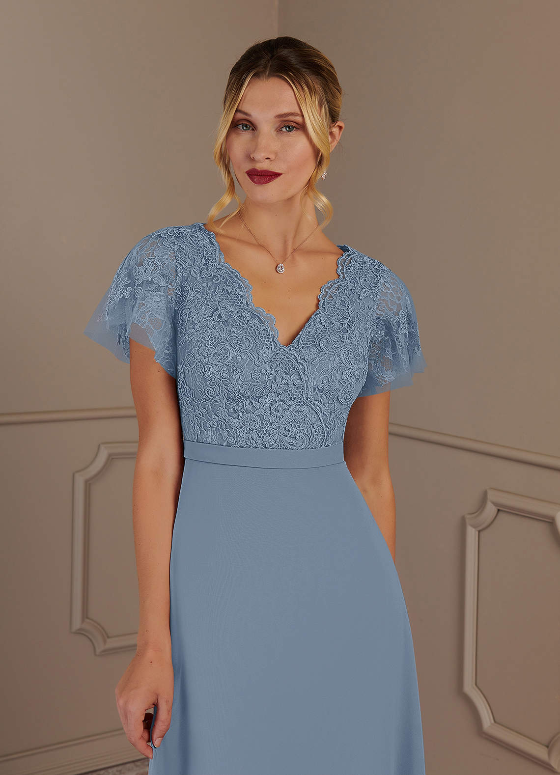 Dusty Blue A-Line V-Neck Lace Chiffon Dress