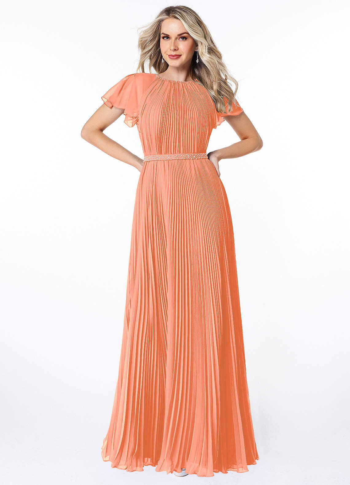 Azazie Kara Bescheidene Brautjungfernkleider A-Linie Plissee Chiffon Bodenlänge Kleid image1