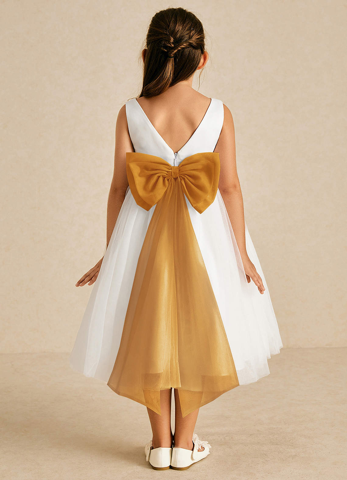 Azazie Kavi Flower Girl Dresses Ivory Butterscotch A-Line Bow Matte Satin Dress image1